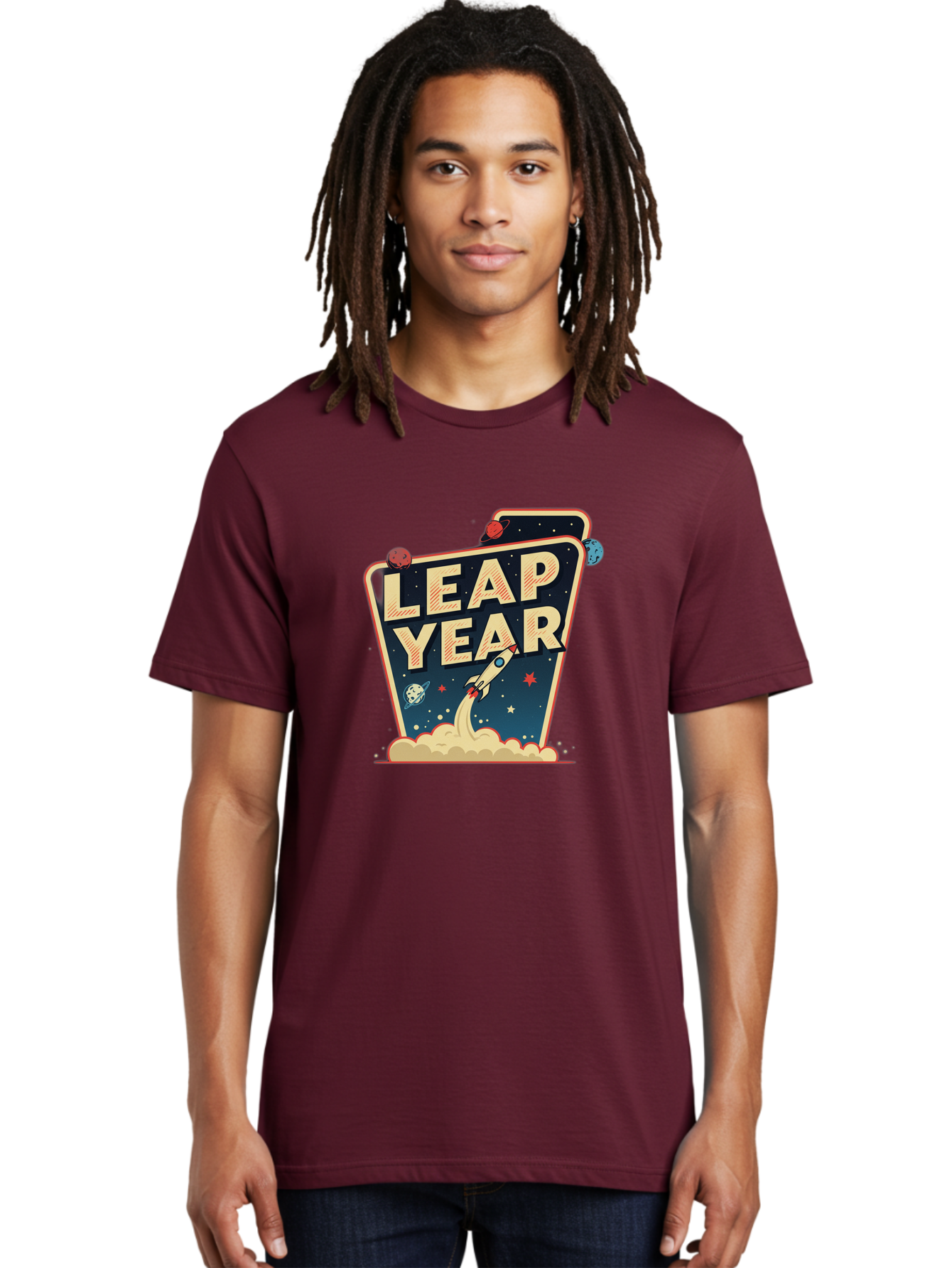 Leap-Year-1 Men'S Graphic Tee, 100% Cotton, Comfortable Casual Summer Wear, Machine Washable, Leap Year, Rocket Ship, Space Travel, Stars, Planets, Celestial Bodies, Retro-Futuristic, Vintage Space, Space Exploration, Launch Sequence Bac111