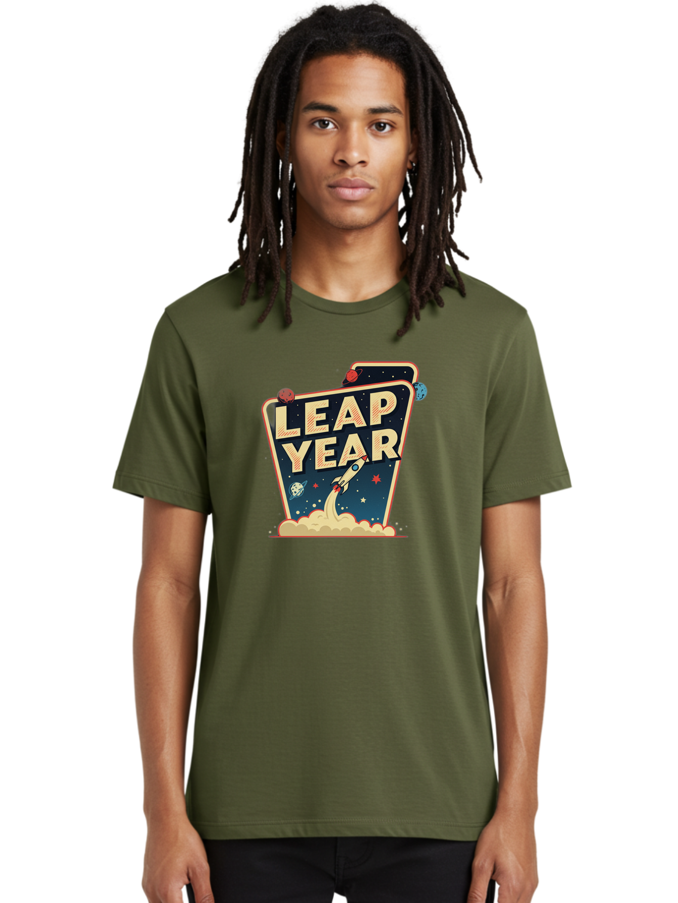 Leap-Year-1 Men'S Graphic Tee, 100% Cotton, Comfortable Casual Summer Wear, Machine Washable, Leap Year, Rocket Ship, Space Travel, Stars, Planets, Celestial Bodies, Retro-Futuristic, Vintage Space, Space Exploration, Launch Sequence Bac111