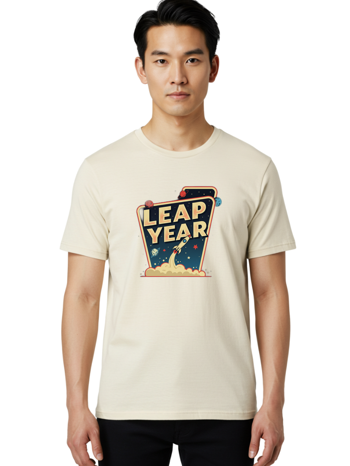 Leap-Year-1 Men'S Graphic Tee, 100% Cotton, Comfortable Casual Summer Wear, Machine Washable, Leap Year, Rocket Ship, Space Travel, Stars, Planets, Celestial Bodies, Retro-Futuristic, Vintage Space, Space Exploration, Launch Sequence Bac111