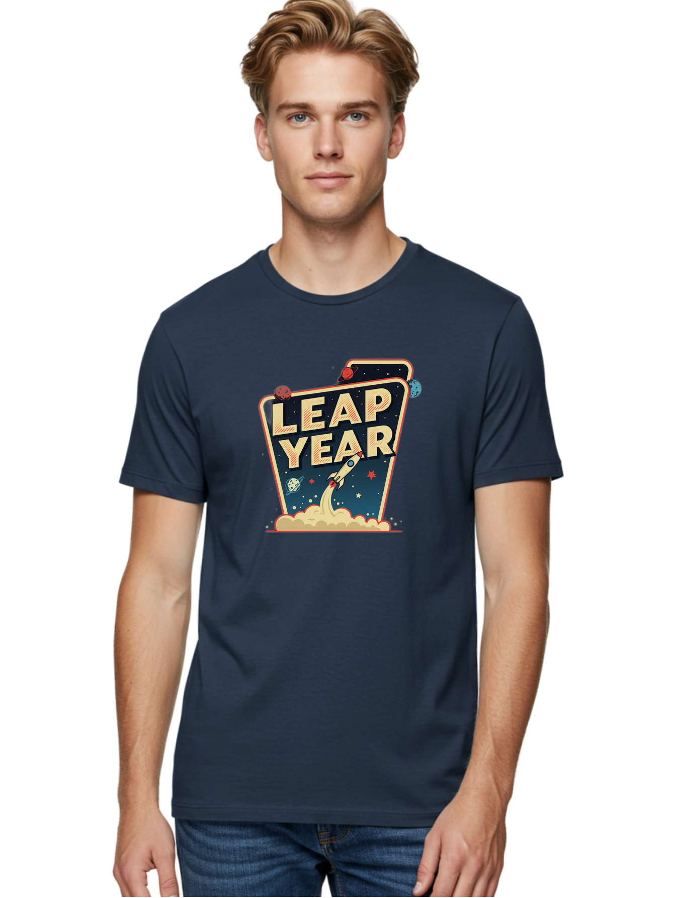 Leap-Year-1 Men'S Graphic Tee, 100% Cotton, Comfortable Casual Summer Wear, Machine Washable, Leap Year, Rocket Ship, Space Travel, Stars, Planets, Celestial Bodies, Retro-Futuristic, Vintage Space, Space Exploration, Launch Sequence Bac111