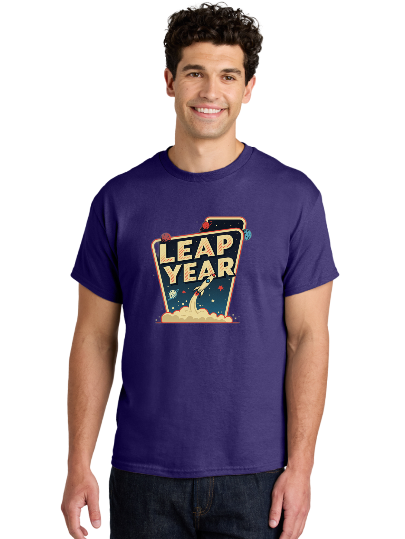 Leap-Year-1 Men'S Graphic Tee, 100% Cotton, Comfortable Casual Summer Wear, Machine Washable, Leap Year, Rocket Ship, Space Travel, Stars, Planets, Celestial Bodies, Retro-Futuristic, Vintage Space, Space Exploration, Launch Sequence Bac111