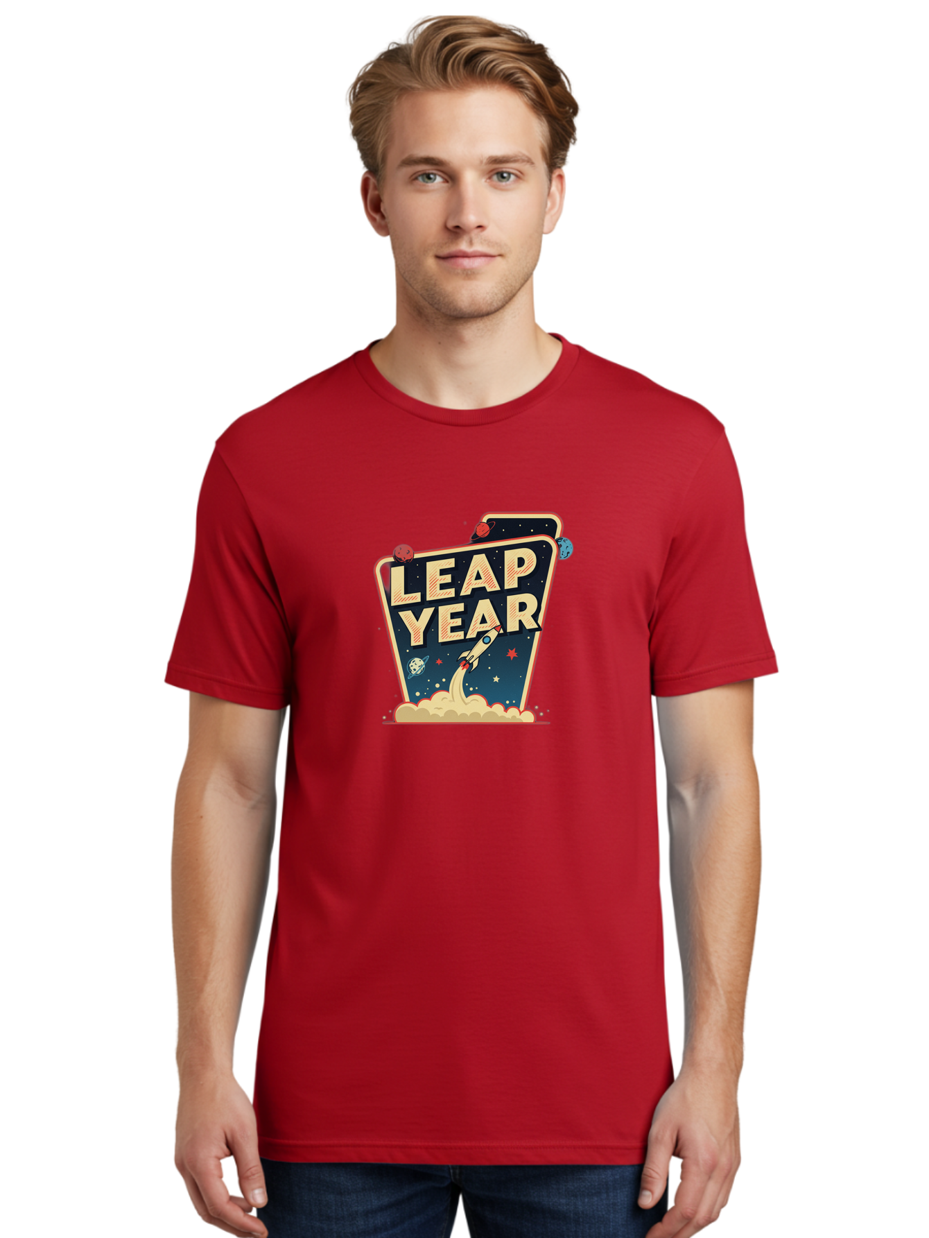 Leap-Year-1 Men'S Graphic Tee, 100% Cotton, Comfortable Casual Summer Wear, Machine Washable, Leap Year, Rocket Ship, Space Travel, Stars, Planets, Celestial Bodies, Retro-Futuristic, Vintage Space, Space Exploration, Launch Sequence Bac111
