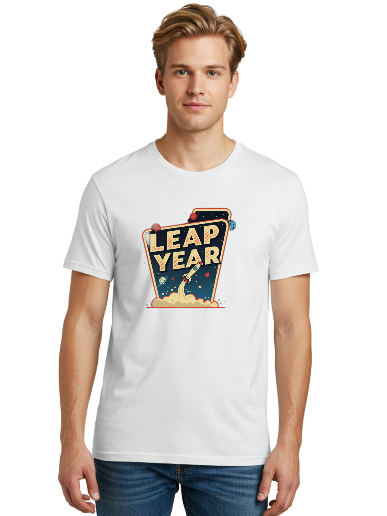 Leap-Year-1 Men'S Graphic Tee, 100% Cotton, Comfortable Casual Summer Wear, Machine Washable, Leap Year, Rocket Ship, Space Travel, Stars, Planets, Celestial Bodies, Retro-Futuristic, Vintage Space, Space Exploration, Launch Sequence Bac111