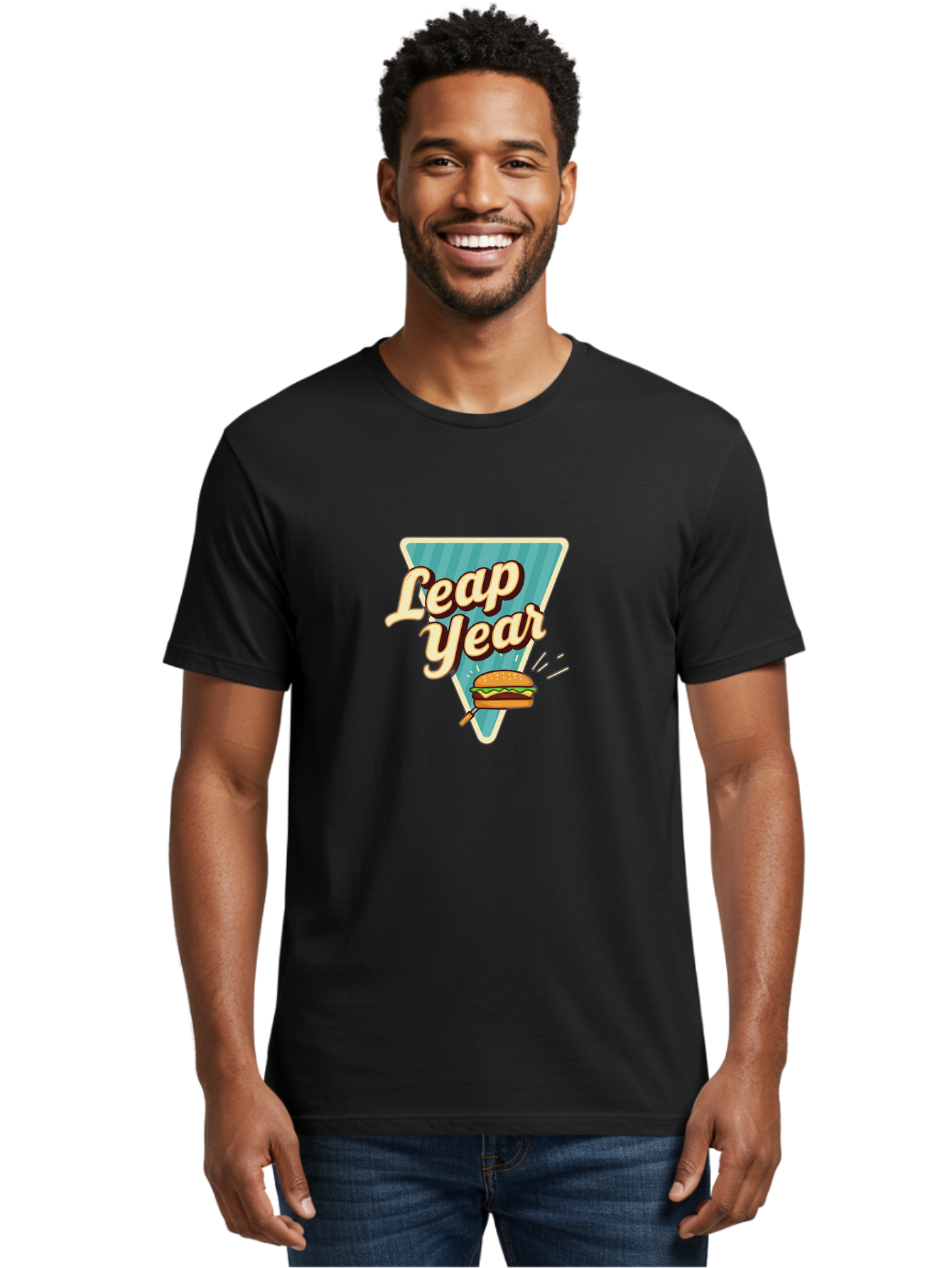 Leap-Year-2 Men'S Graphic Tee, 100% Cotton, Comfortable Casual Summer Wear, Machine Washable, Leap Year, Burger On A Fork, Cartoon Burger, Fun Food, Quirky Design, Playful Graphics, Vintage Style, Retro Illustration, Fun Concept Bac112