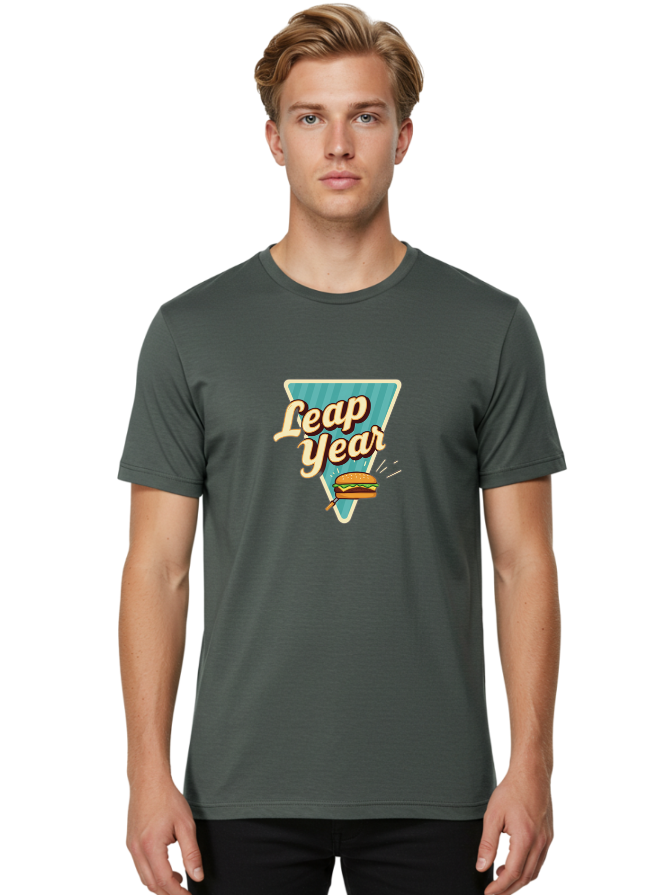 Leap-Year-2 Men'S Graphic Tee, 100% Cotton, Comfortable Casual Summer Wear, Machine Washable, Leap Year, Burger On A Fork, Cartoon Burger, Fun Food, Quirky Design, Playful Graphics, Vintage Style, Retro Illustration, Fun Concept Bac112