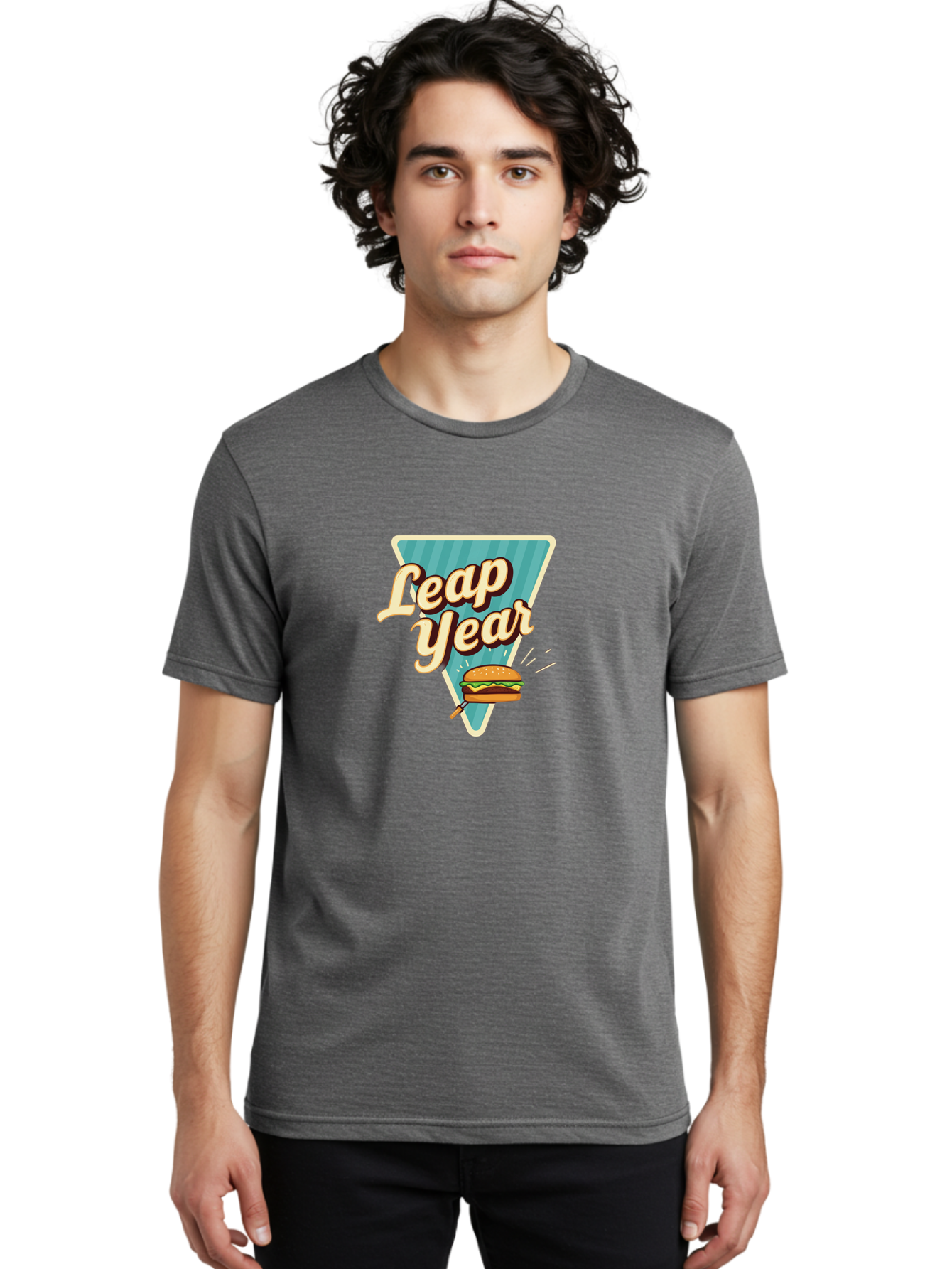 Leap-Year-2 Men'S Graphic Tee, 100% Cotton, Comfortable Casual Summer Wear, Machine Washable, Leap Year, Burger On A Fork, Cartoon Burger, Fun Food, Quirky Design, Playful Graphics, Vintage Style, Retro Illustration, Fun Concept Bac112