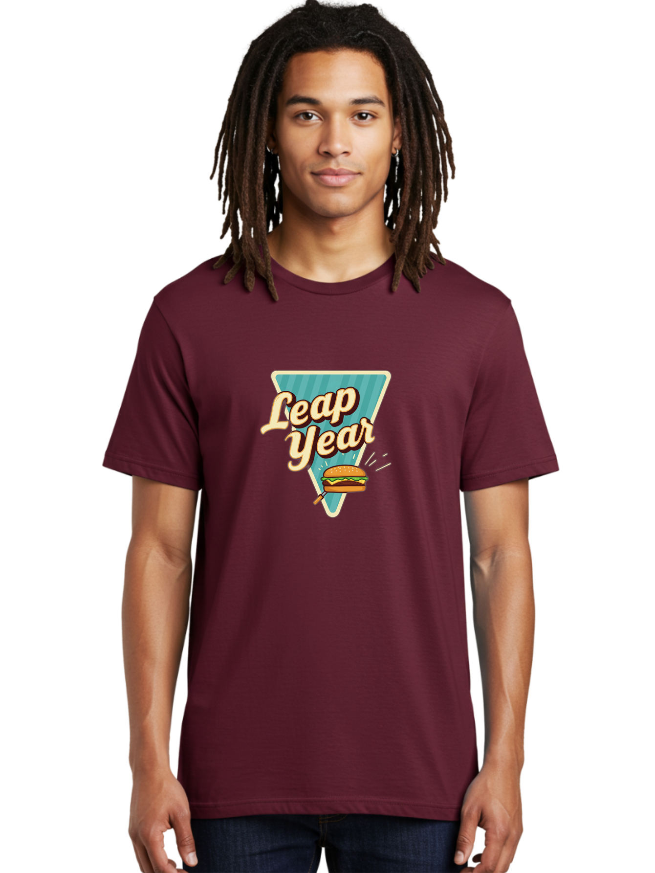 Leap-Year-2 Men'S Graphic Tee, 100% Cotton, Comfortable Casual Summer Wear, Machine Washable, Leap Year, Burger On A Fork, Cartoon Burger, Fun Food, Quirky Design, Playful Graphics, Vintage Style, Retro Illustration, Fun Concept Bac112
