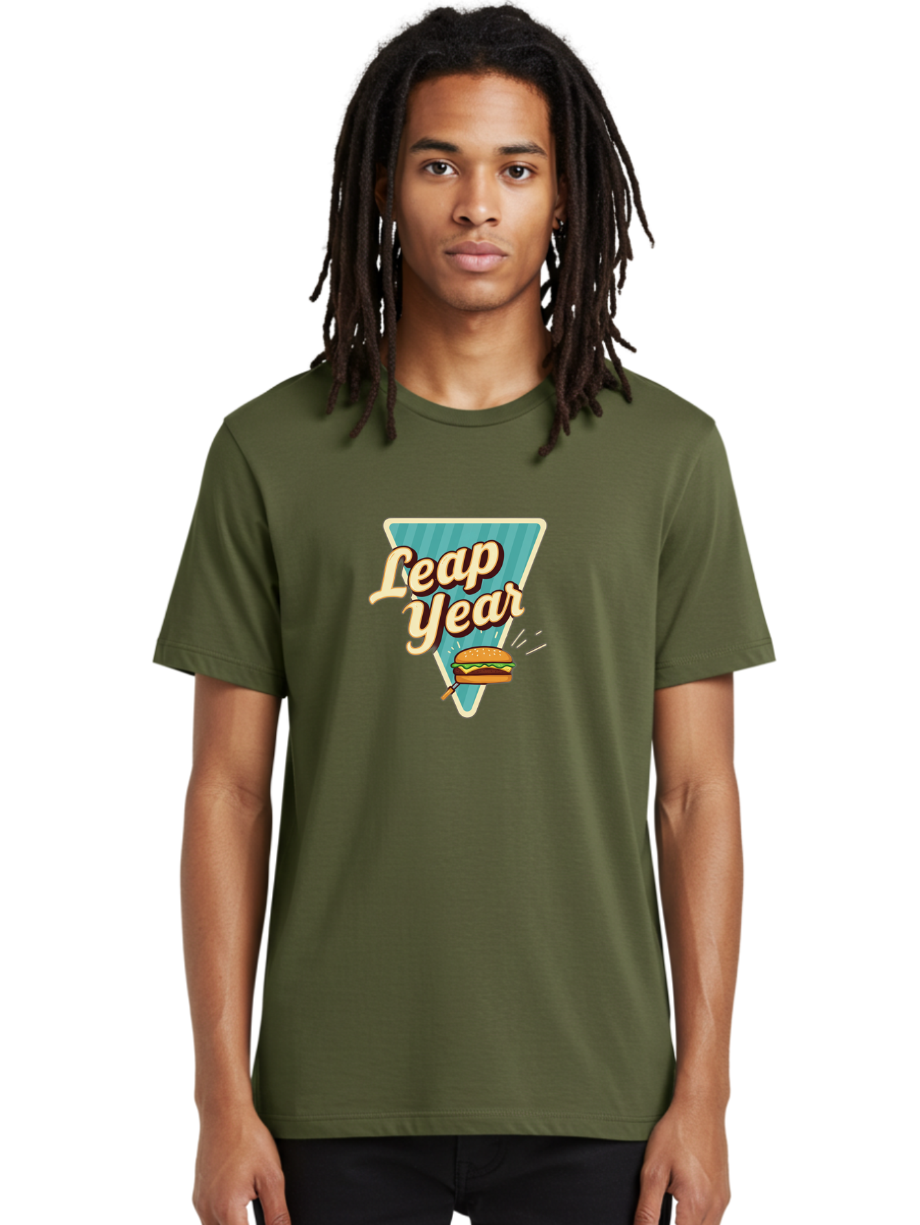 Leap-Year-2 Men'S Graphic Tee, 100% Cotton, Comfortable Casual Summer Wear, Machine Washable, Leap Year, Burger On A Fork, Cartoon Burger, Fun Food, Quirky Design, Playful Graphics, Vintage Style, Retro Illustration, Fun Concept Bac112
