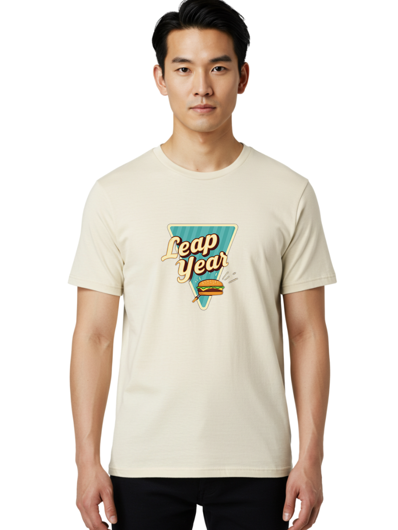 Leap-Year-2 Men'S Graphic Tee, 100% Cotton, Comfortable Casual Summer Wear, Machine Washable, Leap Year, Burger On A Fork, Cartoon Burger, Fun Food, Quirky Design, Playful Graphics, Vintage Style, Retro Illustration, Fun Concept Bac112