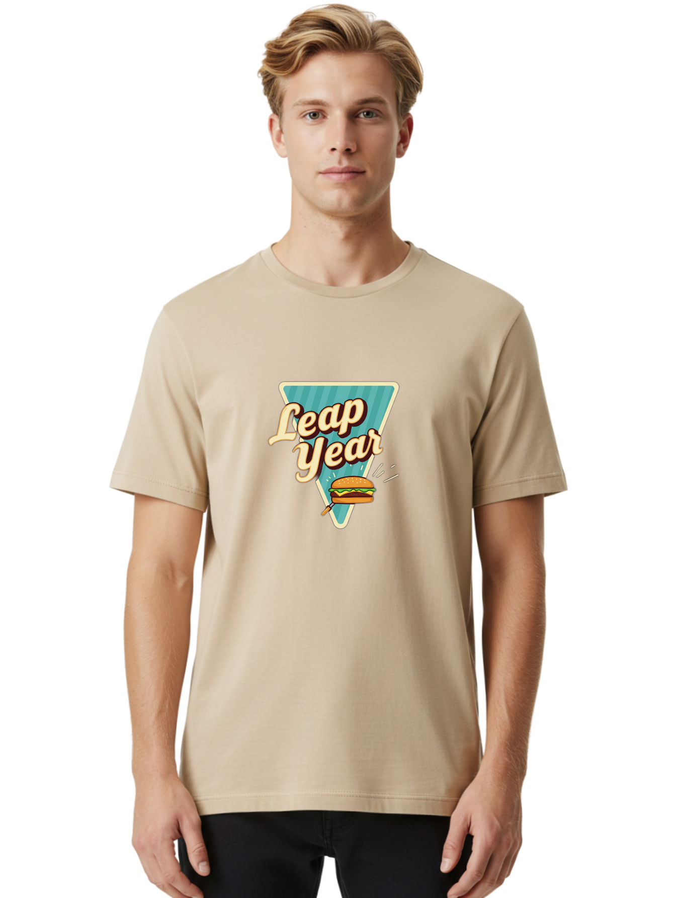 Leap-Year-2 Men'S Graphic Tee, 100% Cotton, Comfortable Casual Summer Wear, Machine Washable, Leap Year, Burger On A Fork, Cartoon Burger, Fun Food, Quirky Design, Playful Graphics, Vintage Style, Retro Illustration, Fun Concept Bac112