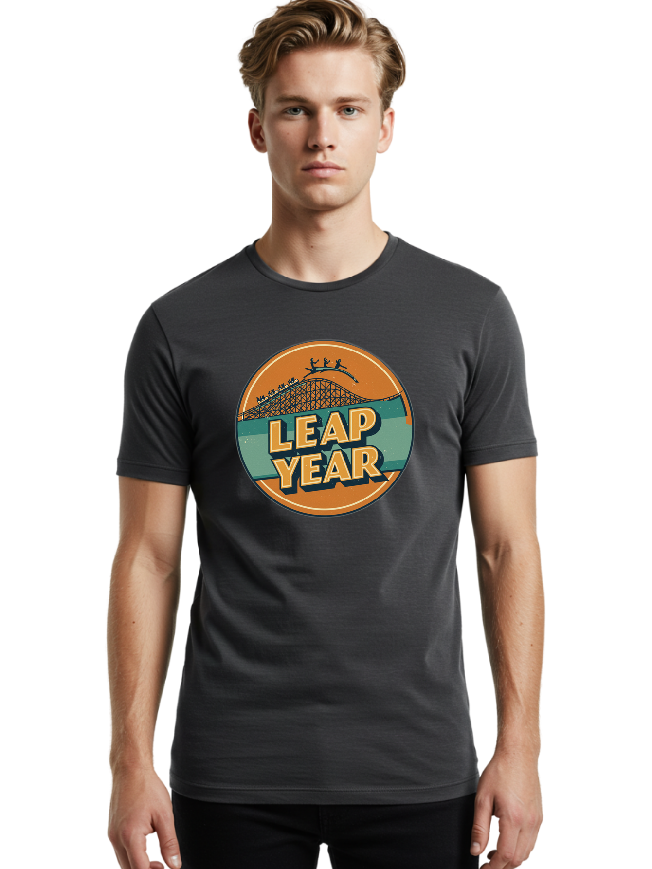 Leap-Year-3 Men'S Graphic Tee, 100% Cotton, Comfortable Casual Summer Wear, Machine Washable, Leap Year, Roller Coaster, Amusement Park, Thrill Ride, Adventure, Excitement, Fun, Joyful Leaps Bac113