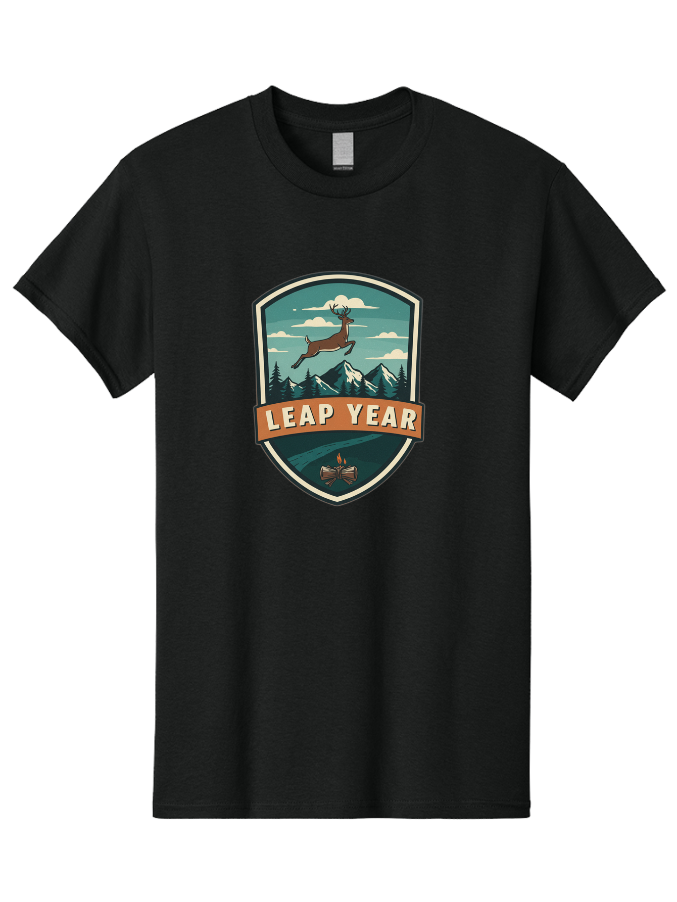 Leap-Year-4 Men'S Graphic Tee, 100% Cotton, Comfortable Casual Summer Wear, Machine Washable, Leaping Deer, Mountainous Landscape, Snowy Peaks, Evergreen Trees, Campfire, Adventure Symbol, Outdoor Emblem, Wilderness Icon, Bac114