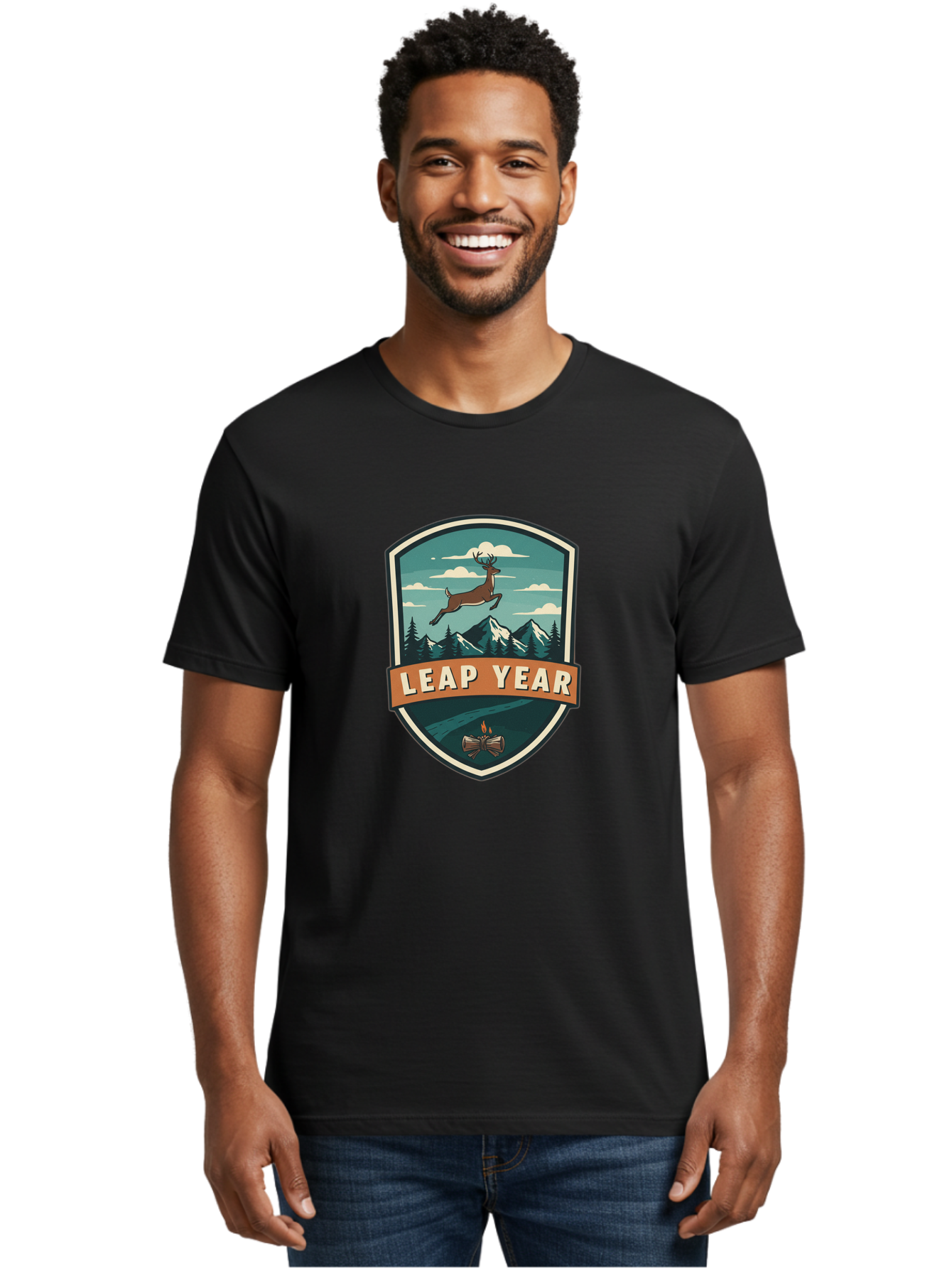 Leap-Year-4 Men'S Graphic Tee, 100% Cotton, Comfortable Casual Summer Wear, Machine Washable, Leaping Deer, Mountainous Landscape, Snowy Peaks, Evergreen Trees, Campfire, Adventure Symbol, Outdoor Emblem, Wilderness Icon, Bac114