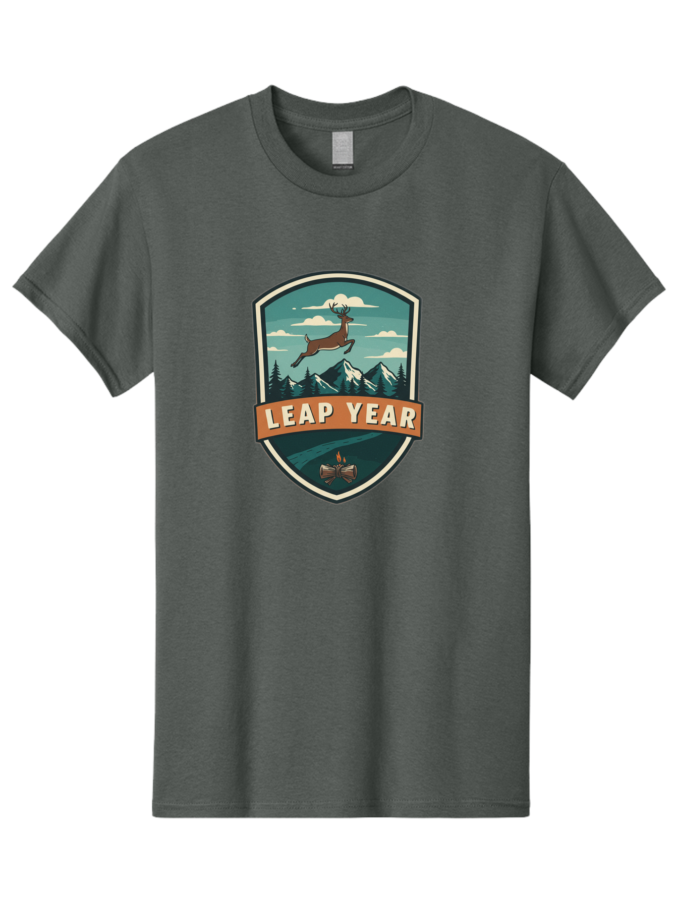 Leap-Year-4 Men'S Graphic Tee, 100% Cotton, Comfortable Casual Summer Wear, Machine Washable, Leaping Deer, Mountainous Landscape, Snowy Peaks, Evergreen Trees, Campfire, Adventure Symbol, Outdoor Emblem, Wilderness Icon, Bac114