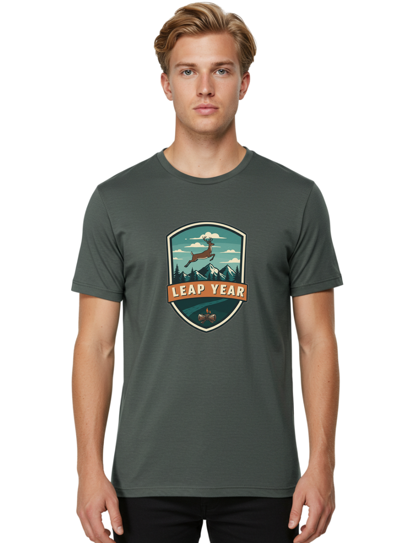 Leap-Year-4 Men'S Graphic Tee, 100% Cotton, Comfortable Casual Summer Wear, Machine Washable, Leaping Deer, Mountainous Landscape, Snowy Peaks, Evergreen Trees, Campfire, Adventure Symbol, Outdoor Emblem, Wilderness Icon, Bac114