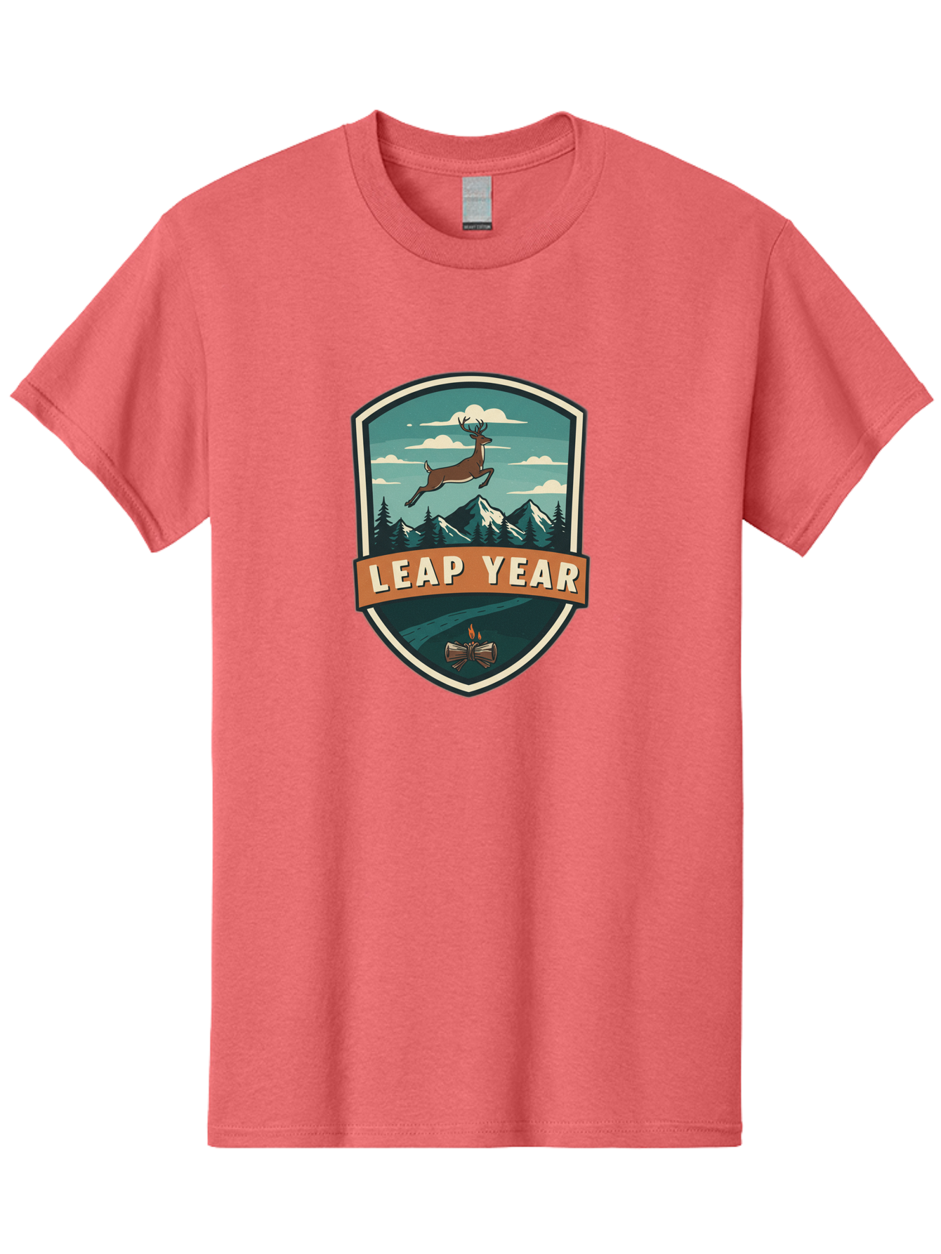 Leap-Year-4 Men'S Graphic Tee, 100% Cotton, Comfortable Casual Summer Wear, Machine Washable, Leaping Deer, Mountainous Landscape, Snowy Peaks, Evergreen Trees, Campfire, Adventure Symbol, Outdoor Emblem, Wilderness Icon, Bac114