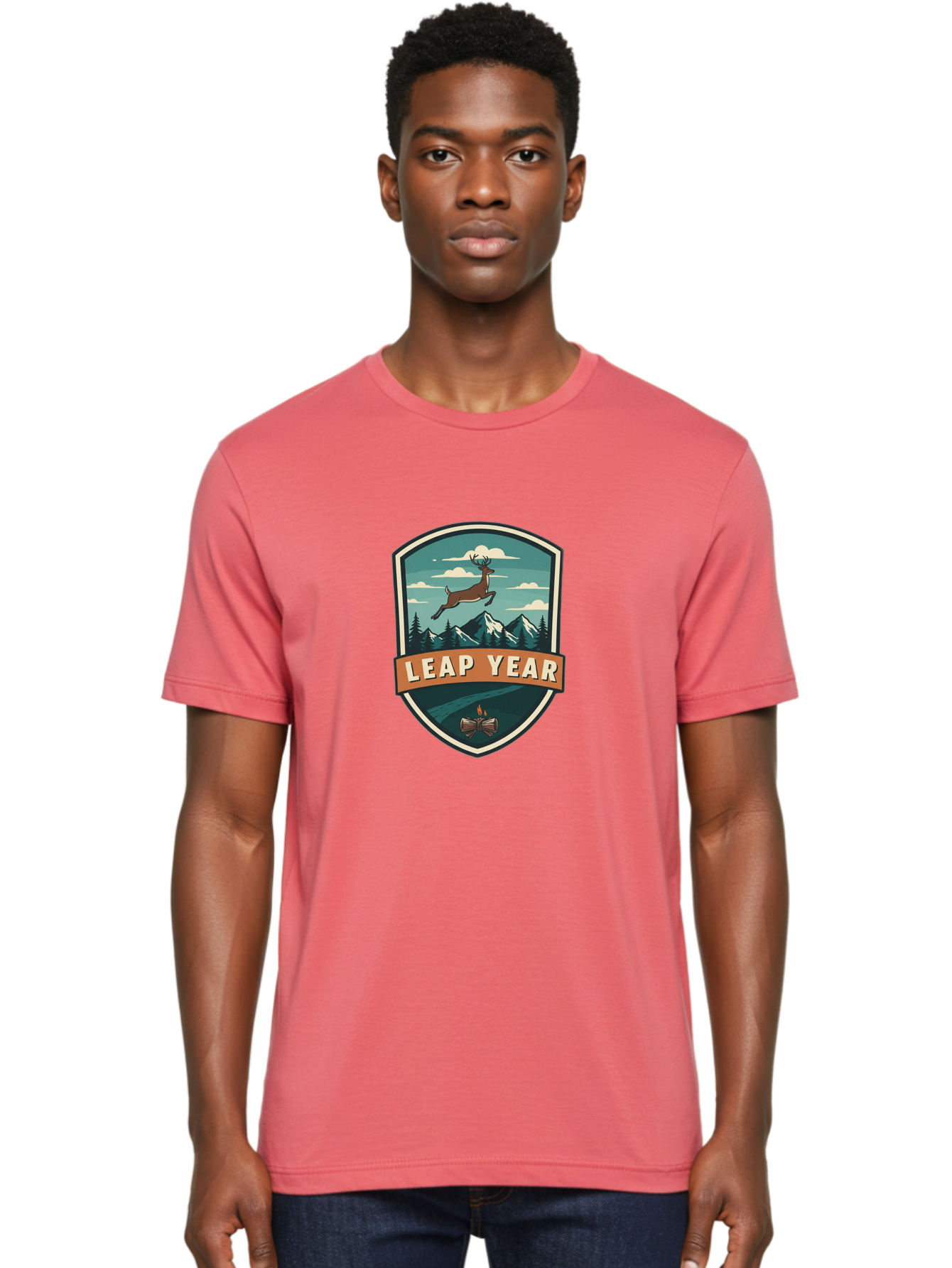 Leap-Year-4 Men'S Graphic Tee, 100% Cotton, Comfortable Casual Summer Wear, Machine Washable, Leaping Deer, Mountainous Landscape, Snowy Peaks, Evergreen Trees, Campfire, Adventure Symbol, Outdoor Emblem, Wilderness Icon, Bac114