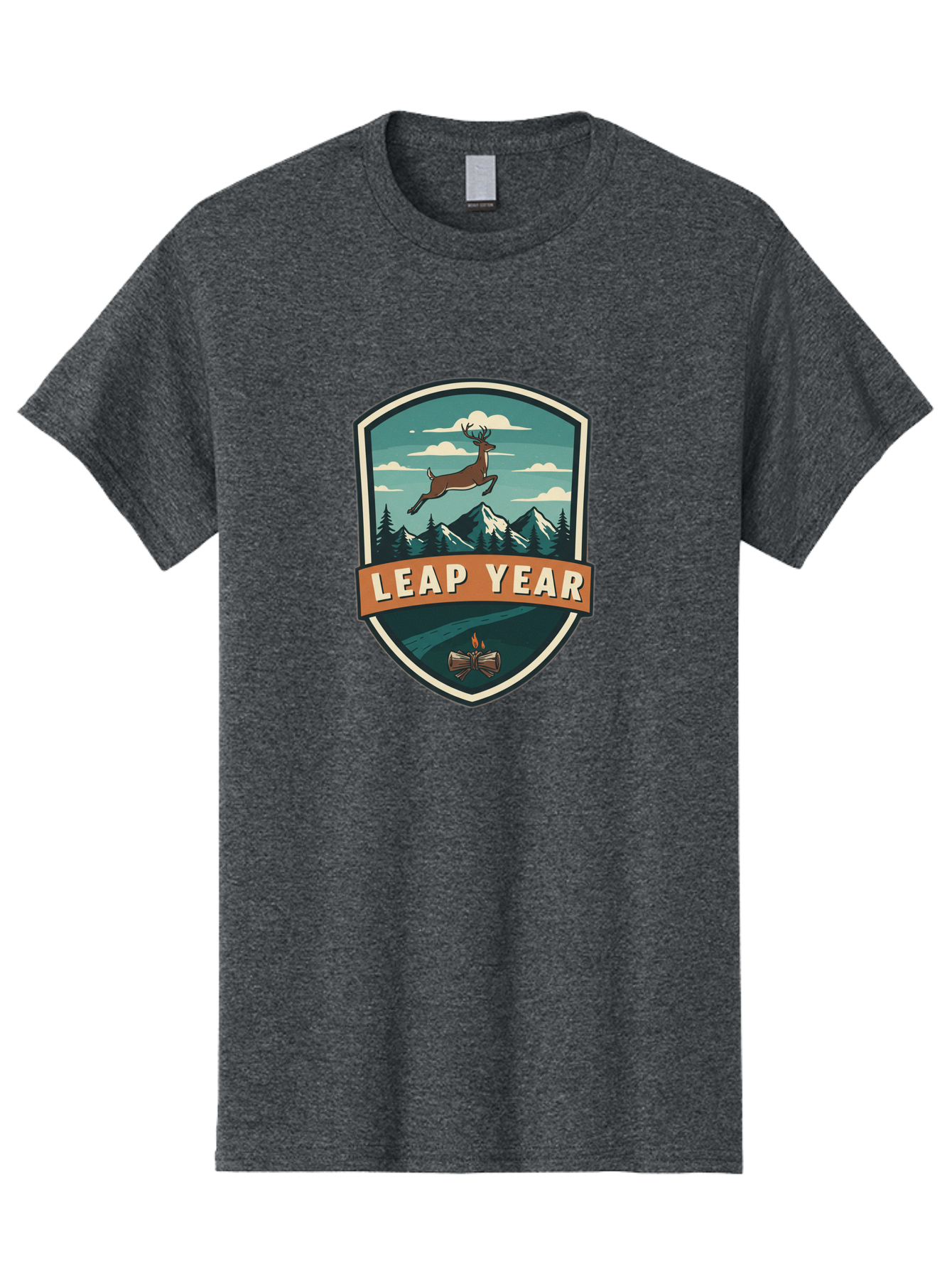 Leap-Year-4 Men'S Graphic Tee, 100% Cotton, Comfortable Casual Summer Wear, Machine Washable, Leaping Deer, Mountainous Landscape, Snowy Peaks, Evergreen Trees, Campfire, Adventure Symbol, Outdoor Emblem, Wilderness Icon, Bac114