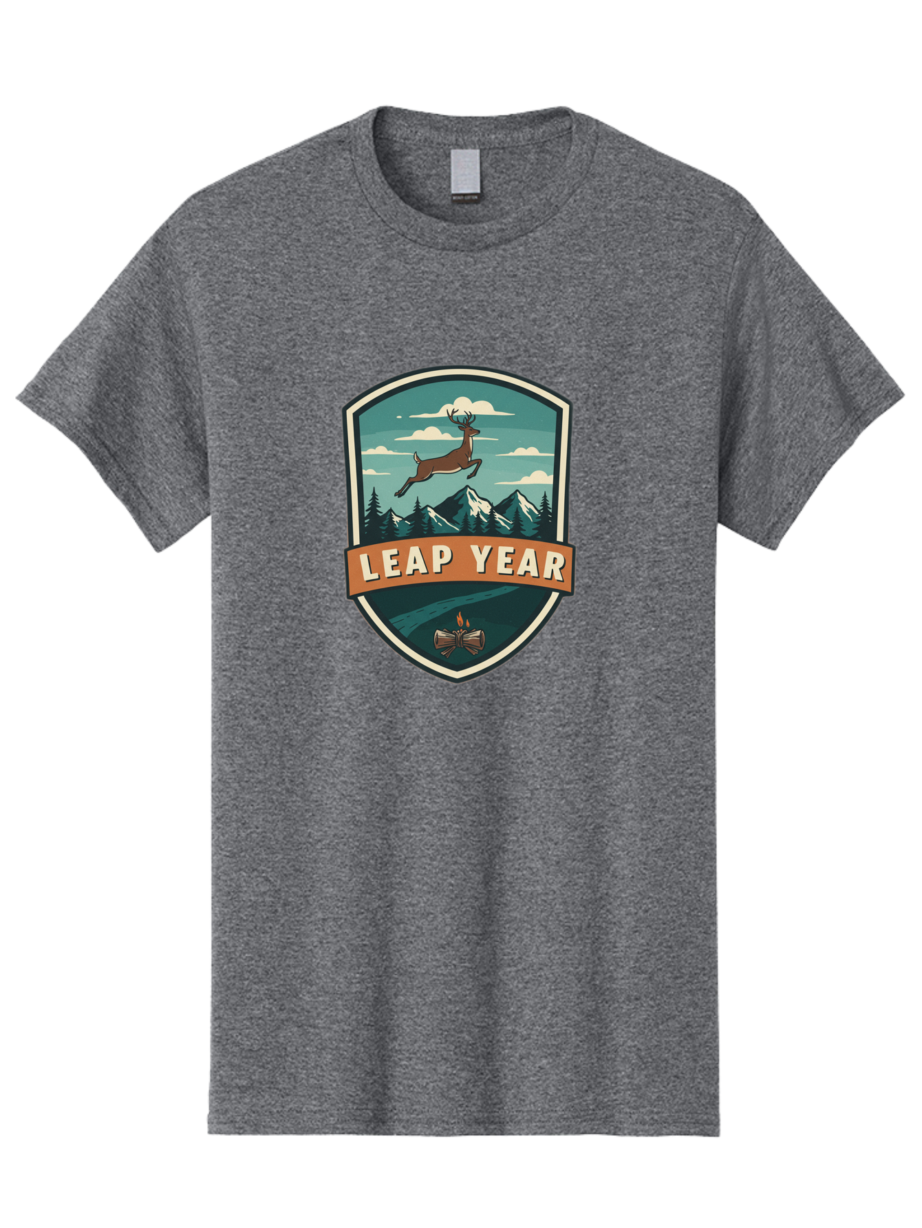 Leap-Year-4 Men'S Graphic Tee, 100% Cotton, Comfortable Casual Summer Wear, Machine Washable, Leaping Deer, Mountainous Landscape, Snowy Peaks, Evergreen Trees, Campfire, Adventure Symbol, Outdoor Emblem, Wilderness Icon, Bac114
