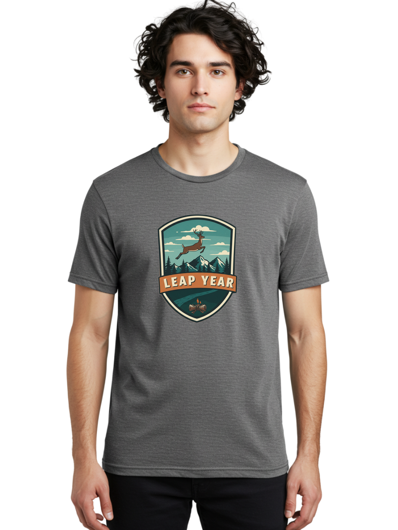 Leap-Year-4 Men'S Graphic Tee, 100% Cotton, Comfortable Casual Summer Wear, Machine Washable, Leaping Deer, Mountainous Landscape, Snowy Peaks, Evergreen Trees, Campfire, Adventure Symbol, Outdoor Emblem, Wilderness Icon, Bac114