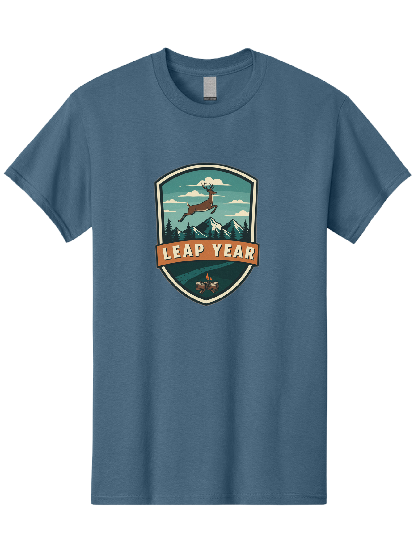 Leap-Year-4 Men'S Graphic Tee, 100% Cotton, Comfortable Casual Summer Wear, Machine Washable, Leaping Deer, Mountainous Landscape, Snowy Peaks, Evergreen Trees, Campfire, Adventure Symbol, Outdoor Emblem, Wilderness Icon, Bac114