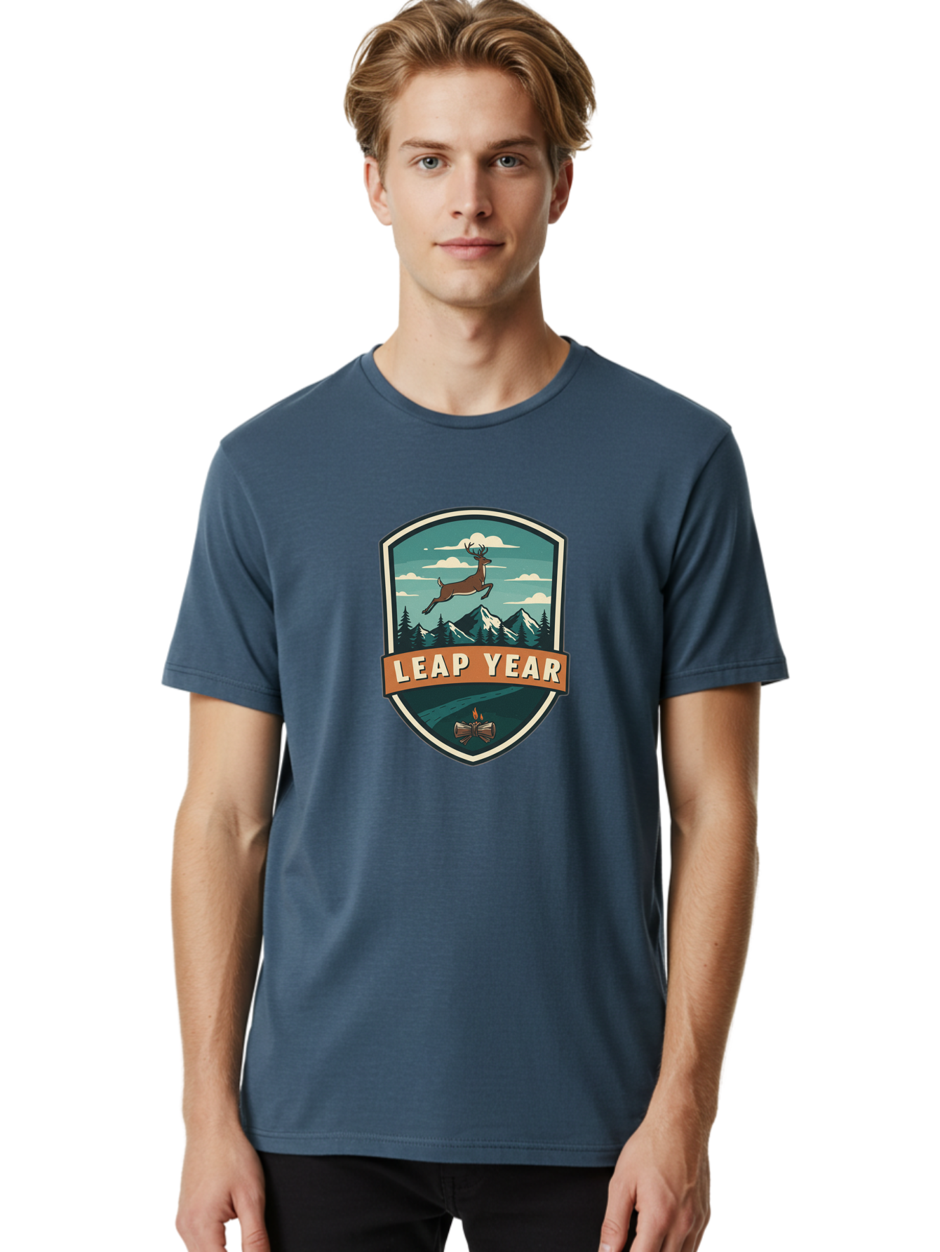 Leap-Year-4 Men'S Graphic Tee, 100% Cotton, Comfortable Casual Summer Wear, Machine Washable, Leaping Deer, Mountainous Landscape, Snowy Peaks, Evergreen Trees, Campfire, Adventure Symbol, Outdoor Emblem, Wilderness Icon, Bac114