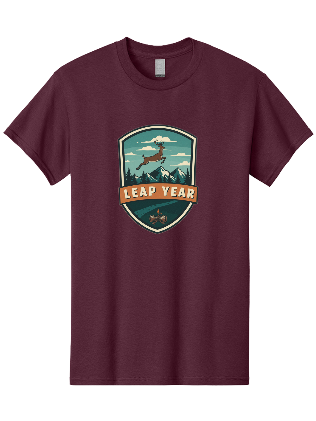 Leap-Year-4 Men'S Graphic Tee, 100% Cotton, Comfortable Casual Summer Wear, Machine Washable, Leaping Deer, Mountainous Landscape, Snowy Peaks, Evergreen Trees, Campfire, Adventure Symbol, Outdoor Emblem, Wilderness Icon, Bac114
