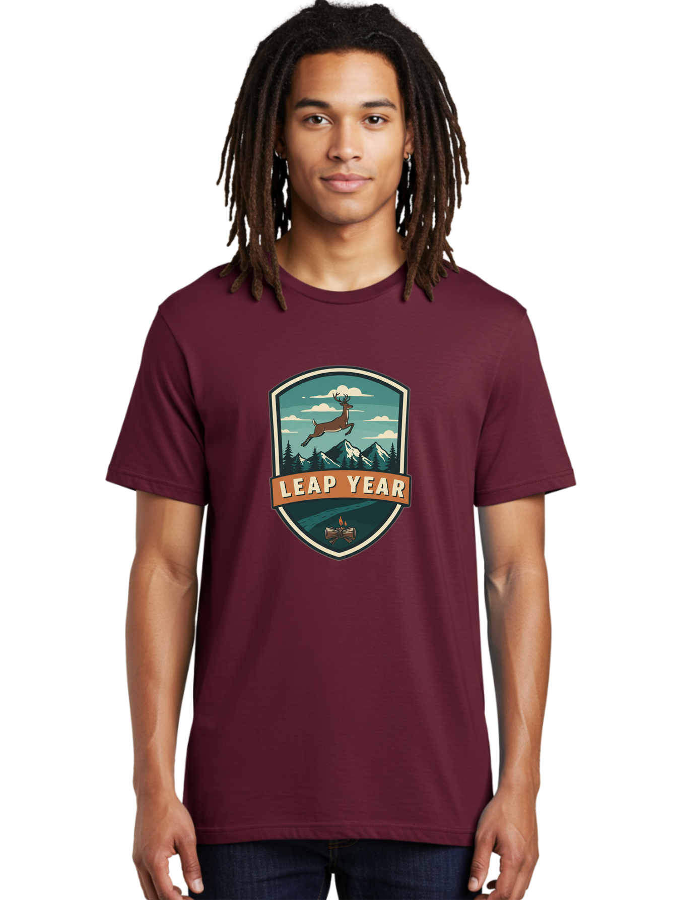 Leap-Year-4 Men'S Graphic Tee, 100% Cotton, Comfortable Casual Summer Wear, Machine Washable, Leaping Deer, Mountainous Landscape, Snowy Peaks, Evergreen Trees, Campfire, Adventure Symbol, Outdoor Emblem, Wilderness Icon, Bac114