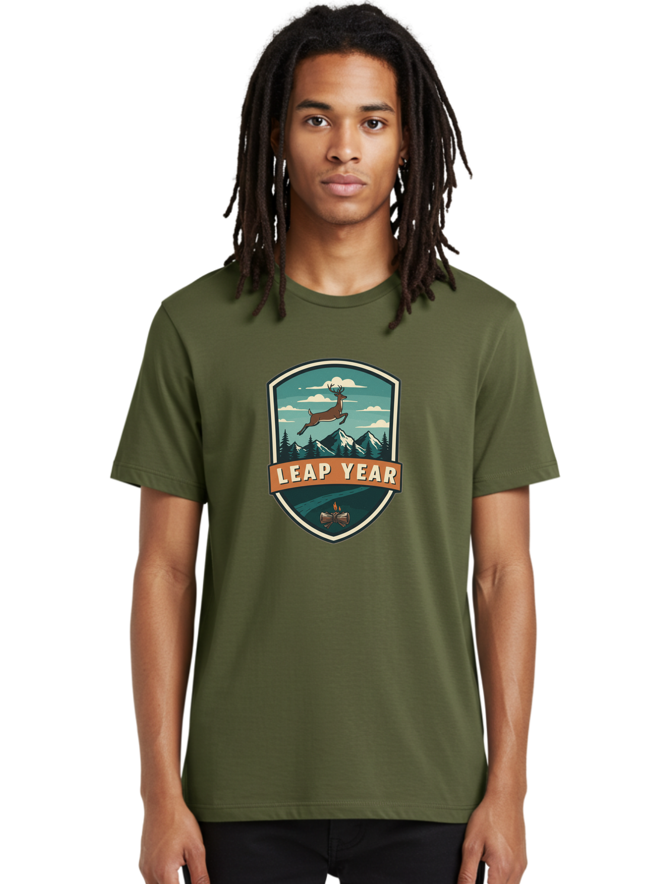 Leap-Year-4 Men'S Graphic Tee, 100% Cotton, Comfortable Casual Summer Wear, Machine Washable, Leaping Deer, Mountainous Landscape, Snowy Peaks, Evergreen Trees, Campfire, Adventure Symbol, Outdoor Emblem, Wilderness Icon, Bac114