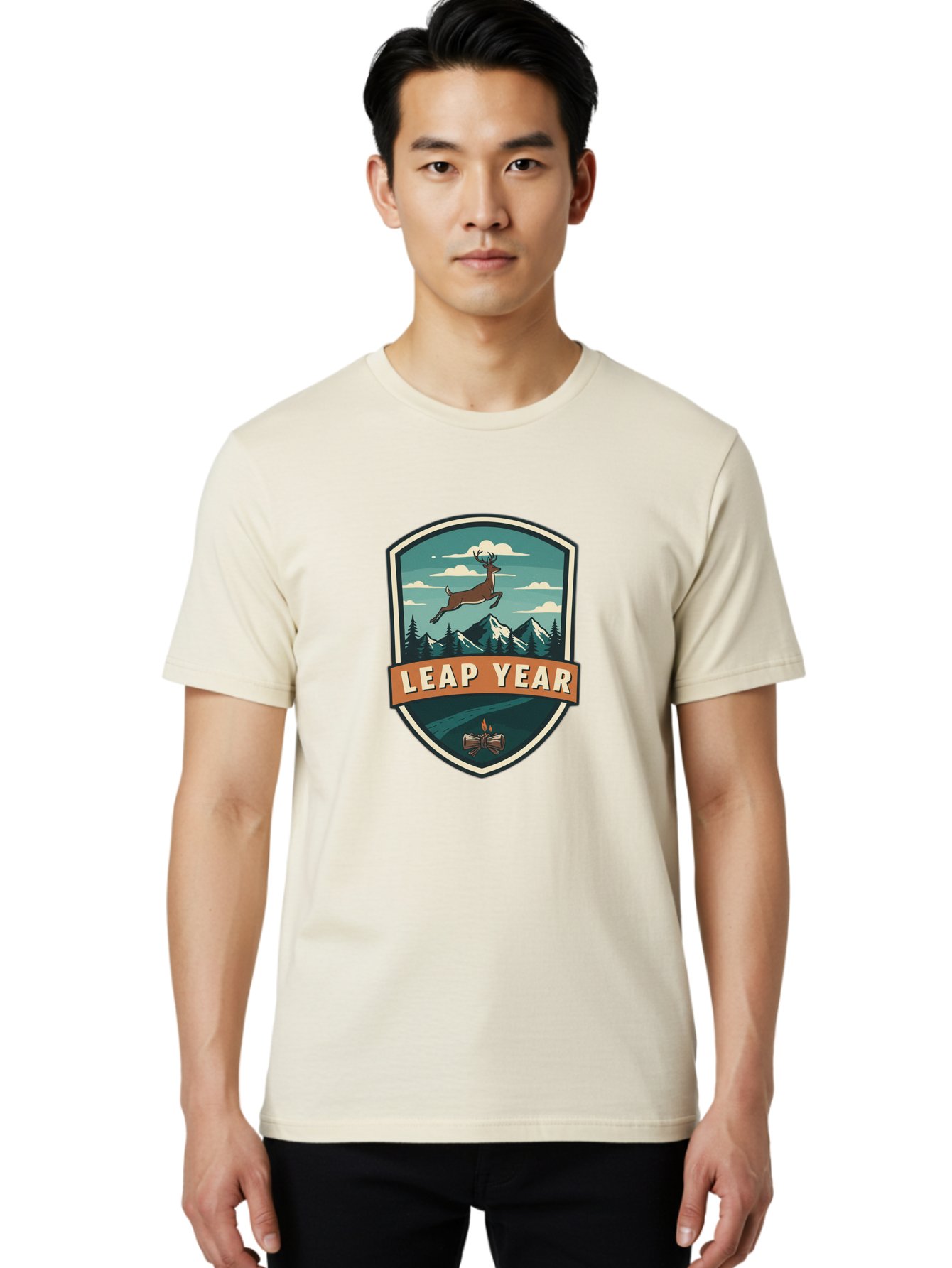 Leap-Year-4 Men'S Graphic Tee, 100% Cotton, Comfortable Casual Summer Wear, Machine Washable, Leaping Deer, Mountainous Landscape, Snowy Peaks, Evergreen Trees, Campfire, Adventure Symbol, Outdoor Emblem, Wilderness Icon, Bac114