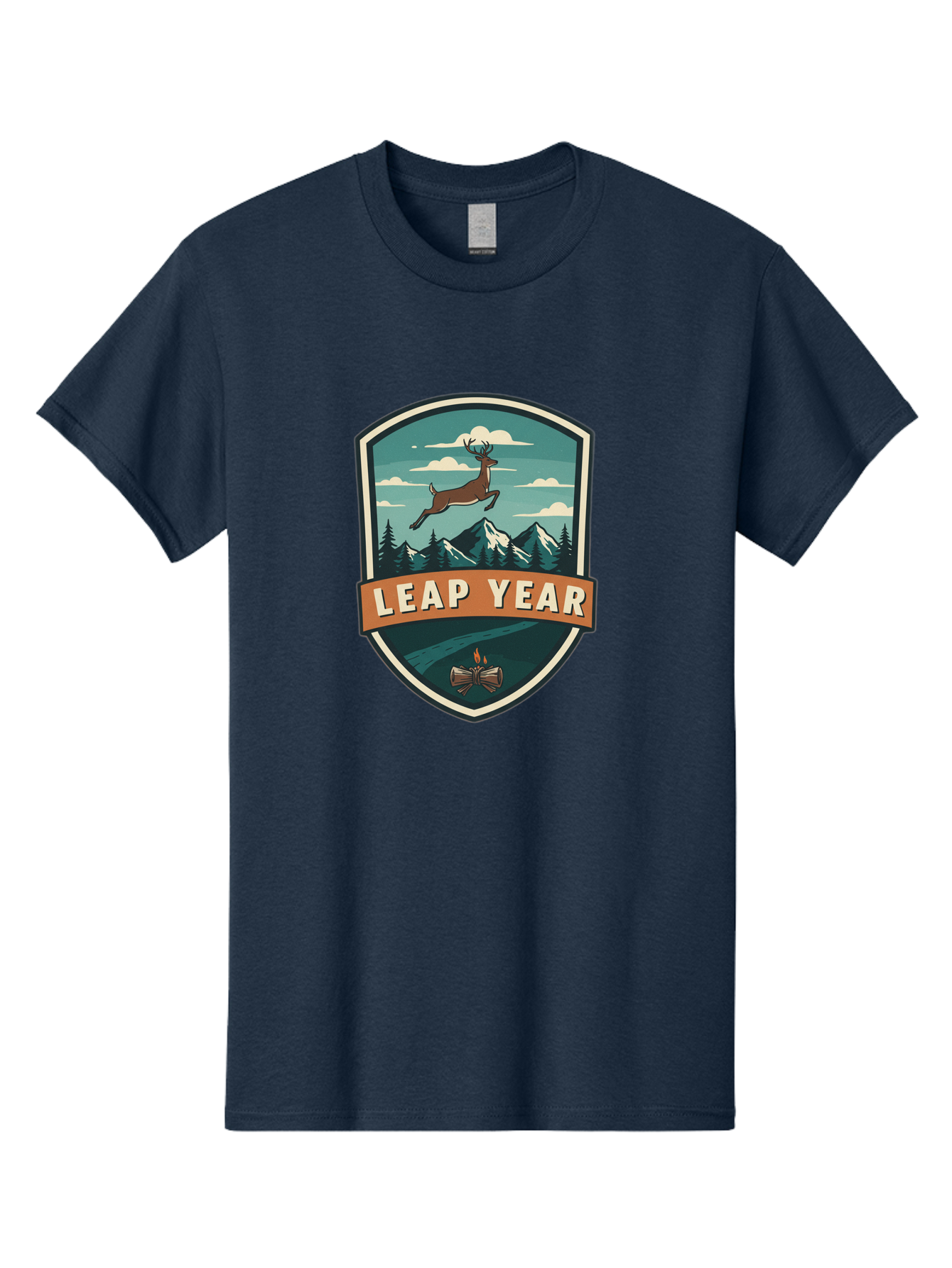 Leap-Year-4 Men'S Graphic Tee, 100% Cotton, Comfortable Casual Summer Wear, Machine Washable, Leaping Deer, Mountainous Landscape, Snowy Peaks, Evergreen Trees, Campfire, Adventure Symbol, Outdoor Emblem, Wilderness Icon, Bac114