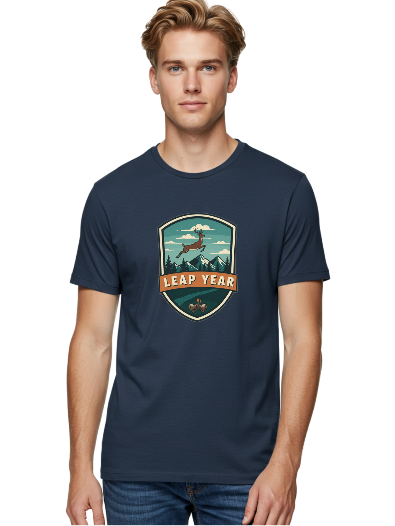 Leap-Year-4 Men'S Graphic Tee, 100% Cotton, Comfortable Casual Summer Wear, Machine Washable, Leaping Deer, Mountainous Landscape, Snowy Peaks, Evergreen Trees, Campfire, Adventure Symbol, Outdoor Emblem, Wilderness Icon, Bac114
