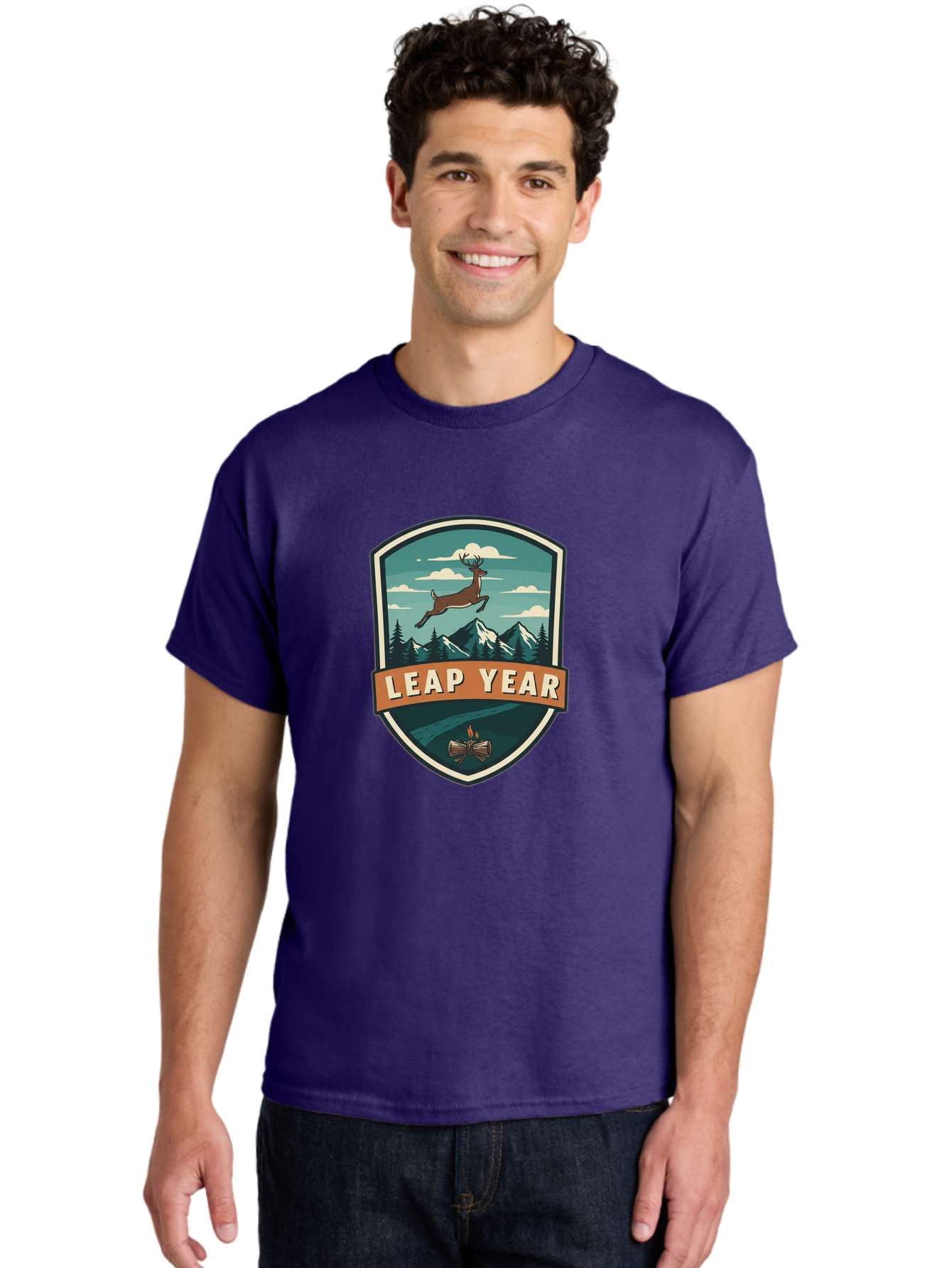 Leap-Year-4 Men'S Graphic Tee, 100% Cotton, Comfortable Casual Summer Wear, Machine Washable, Leaping Deer, Mountainous Landscape, Snowy Peaks, Evergreen Trees, Campfire, Adventure Symbol, Outdoor Emblem, Wilderness Icon, Bac114