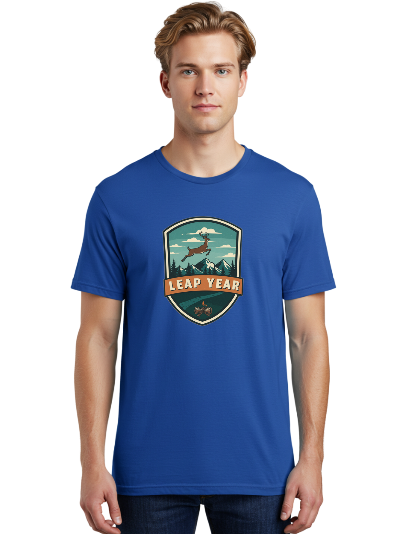 Leap-Year-4 Men'S Graphic Tee, 100% Cotton, Comfortable Casual Summer Wear, Machine Washable, Leaping Deer, Mountainous Landscape, Snowy Peaks, Evergreen Trees, Campfire, Adventure Symbol, Outdoor Emblem, Wilderness Icon, Bac114