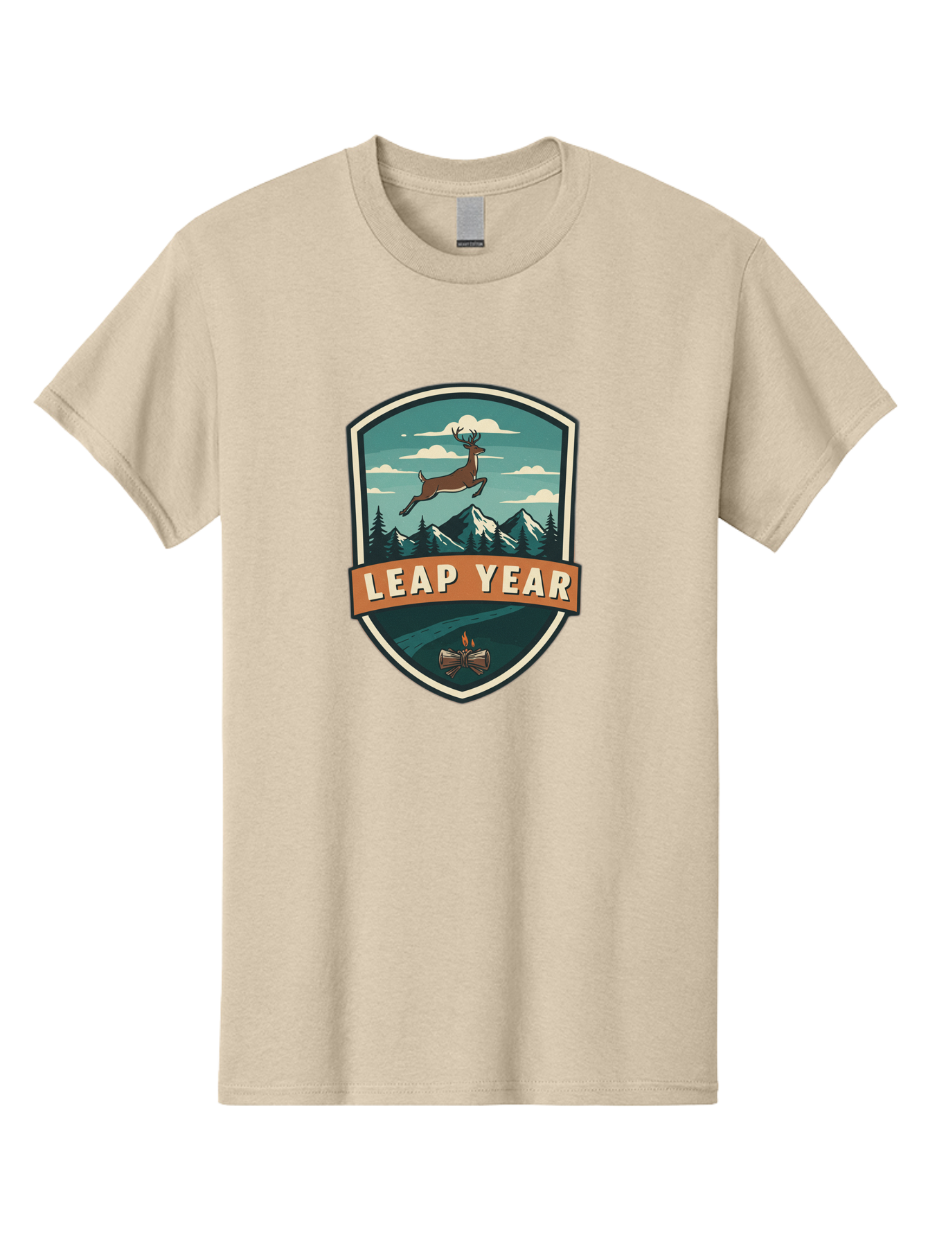 Leap-Year-4 Men'S Graphic Tee, 100% Cotton, Comfortable Casual Summer Wear, Machine Washable, Leaping Deer, Mountainous Landscape, Snowy Peaks, Evergreen Trees, Campfire, Adventure Symbol, Outdoor Emblem, Wilderness Icon, Bac114