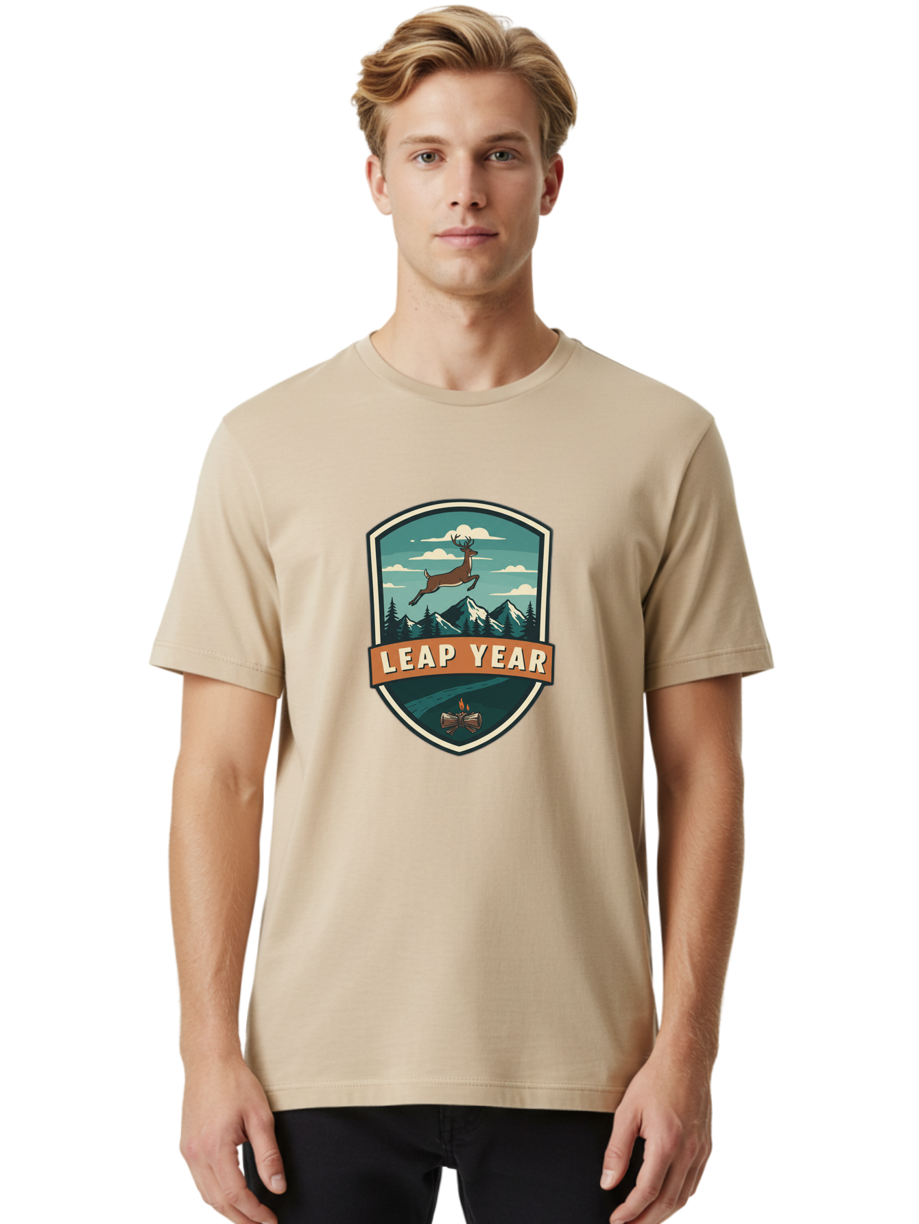 Leap-Year-4 Men'S Graphic Tee, 100% Cotton, Comfortable Casual Summer Wear, Machine Washable, Leaping Deer, Mountainous Landscape, Snowy Peaks, Evergreen Trees, Campfire, Adventure Symbol, Outdoor Emblem, Wilderness Icon, Bac114