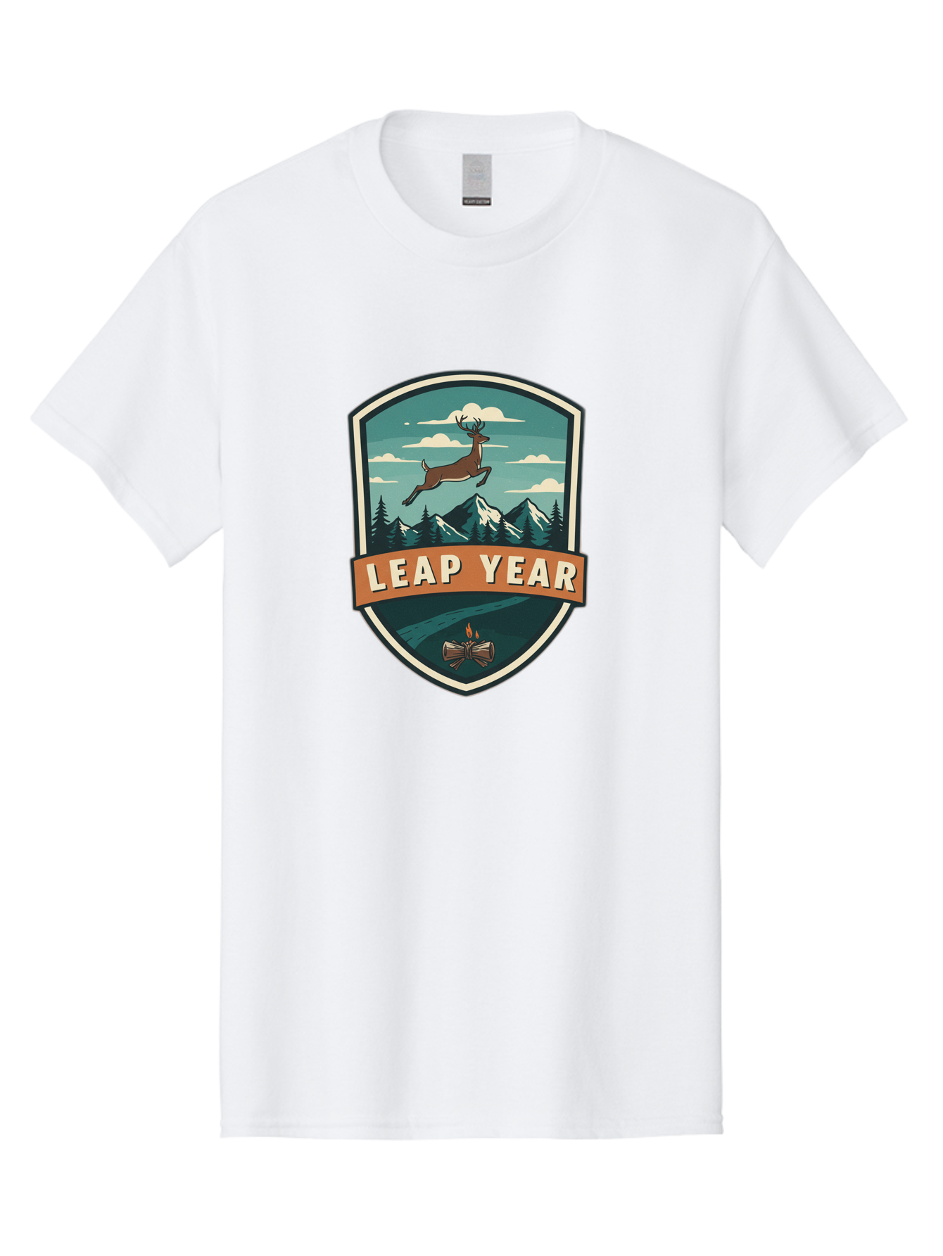 Leap-Year-4 Men'S Graphic Tee, 100% Cotton, Comfortable Casual Summer Wear, Machine Washable, Leaping Deer, Mountainous Landscape, Snowy Peaks, Evergreen Trees, Campfire, Adventure Symbol, Outdoor Emblem, Wilderness Icon, Bac114