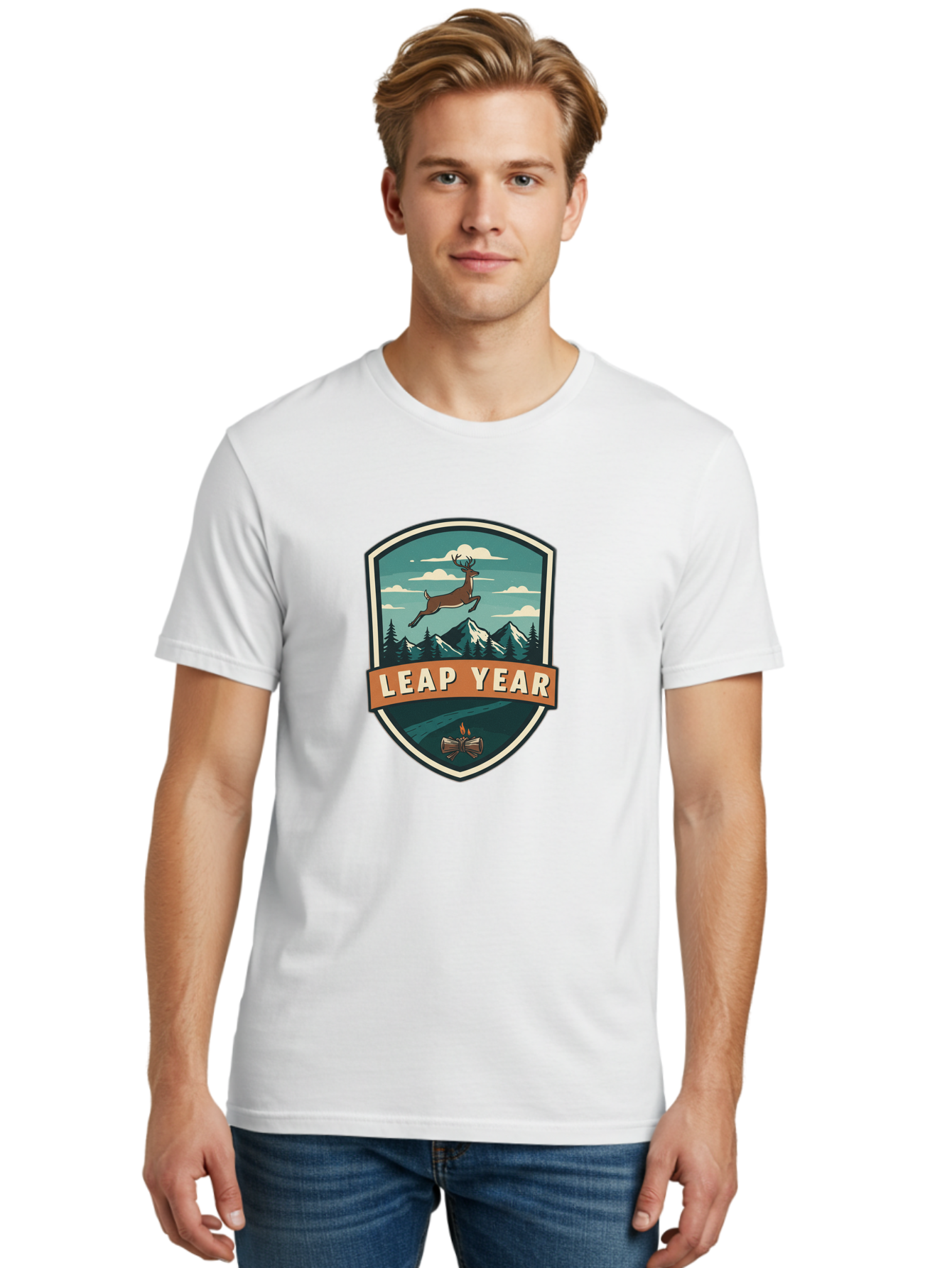 Leap-Year-4 Men'S Graphic Tee, 100% Cotton, Comfortable Casual Summer Wear, Machine Washable, Leaping Deer, Mountainous Landscape, Snowy Peaks, Evergreen Trees, Campfire, Adventure Symbol, Outdoor Emblem, Wilderness Icon, Bac114
