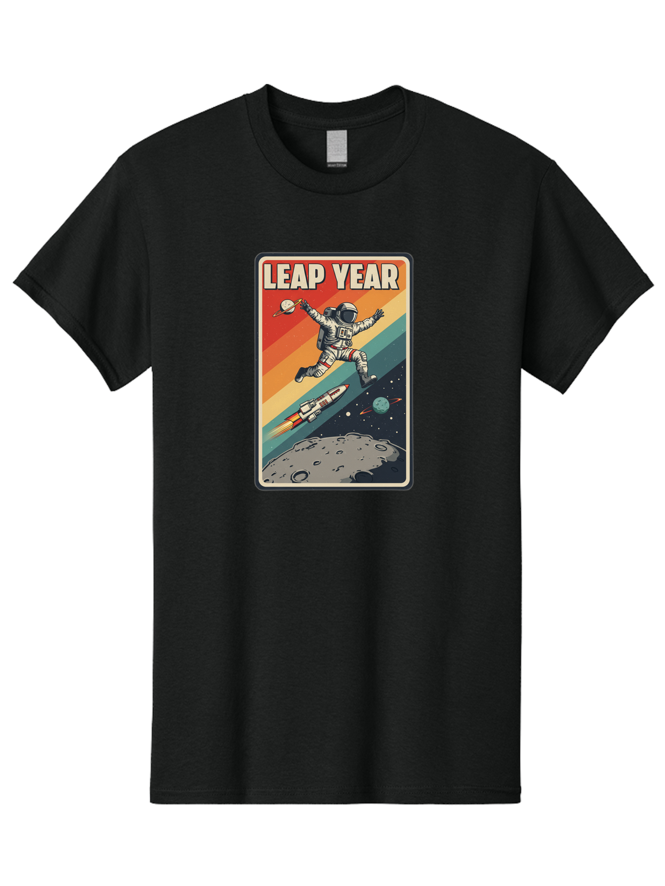 Leap-Year-5 Men'S Graphic Tee, 100% Cotton, Comfortable Casual Summer Wear, Machine Washable, Astronaut Jumping In Space, Retro-Style Poster, Space Exploration, Vintage Graphics, Astronaut In Mid-Air, Rocket Ship In The Background, Bac115
