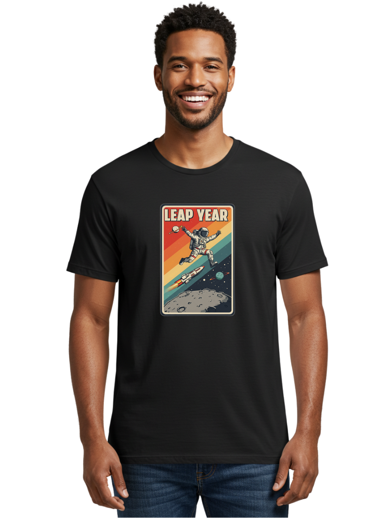 Leap-Year-5 Men'S Graphic Tee, 100% Cotton, Comfortable Casual Summer Wear, Machine Washable, Astronaut Jumping In Space, Retro-Style Poster, Space Exploration, Vintage Graphics, Astronaut In Mid-Air, Rocket Ship In The Background, Bac115