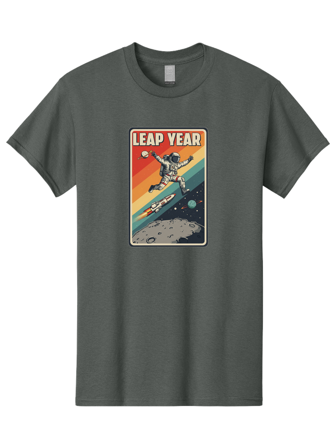 Leap-Year-5 Men'S Graphic Tee, 100% Cotton, Comfortable Casual Summer Wear, Machine Washable, Astronaut Jumping In Space, Retro-Style Poster, Space Exploration, Vintage Graphics, Astronaut In Mid-Air, Rocket Ship In The Background, Bac115