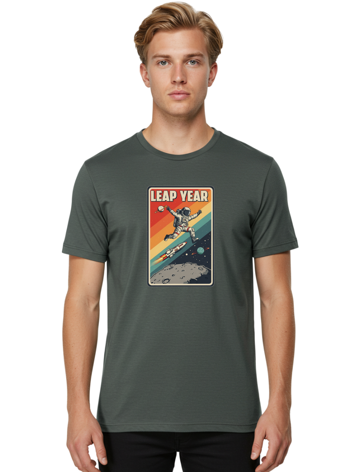 Leap-Year-5 Men'S Graphic Tee, 100% Cotton, Comfortable Casual Summer Wear, Machine Washable, Astronaut Jumping In Space, Retro-Style Poster, Space Exploration, Vintage Graphics, Astronaut In Mid-Air, Rocket Ship In The Background, Bac115