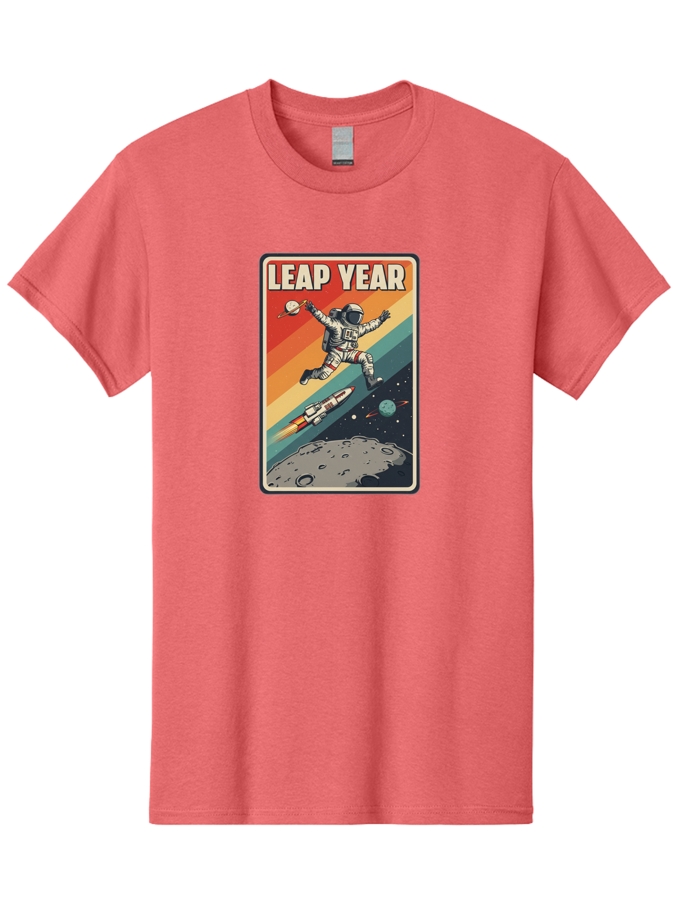 Leap-Year-5 Men'S Graphic Tee, 100% Cotton, Comfortable Casual Summer Wear, Machine Washable, Astronaut Jumping In Space, Retro-Style Poster, Space Exploration, Vintage Graphics, Astronaut In Mid-Air, Rocket Ship In The Background, Bac115