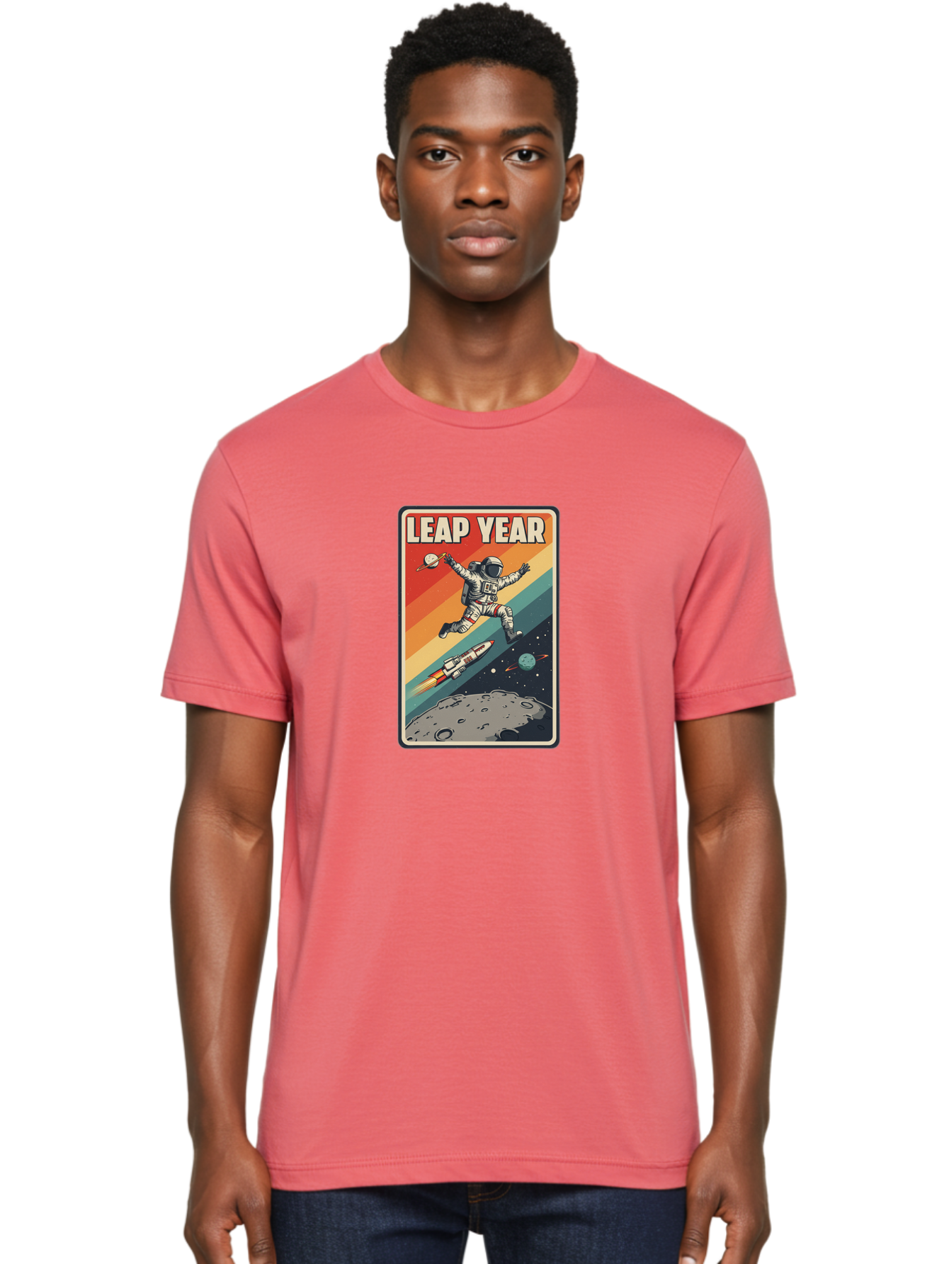 Leap-Year-5 Men'S Graphic Tee, 100% Cotton, Comfortable Casual Summer Wear, Machine Washable, Astronaut Jumping In Space, Retro-Style Poster, Space Exploration, Vintage Graphics, Astronaut In Mid-Air, Rocket Ship In The Background, Bac115