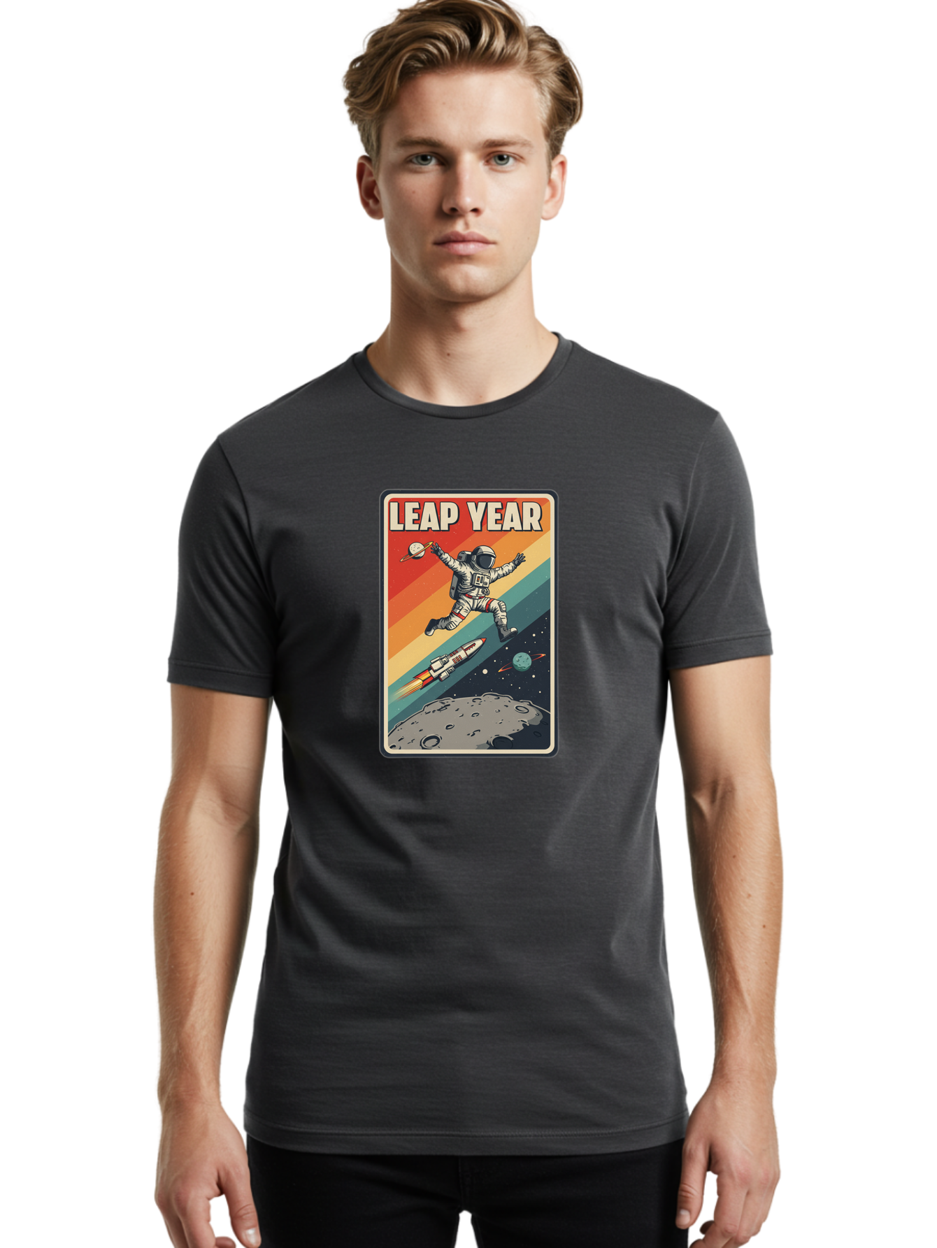 Leap-Year-5 Men'S Graphic Tee, 100% Cotton, Comfortable Casual Summer Wear, Machine Washable, Astronaut Jumping In Space, Retro-Style Poster, Space Exploration, Vintage Graphics, Astronaut In Mid-Air, Rocket Ship In The Background, Bac115