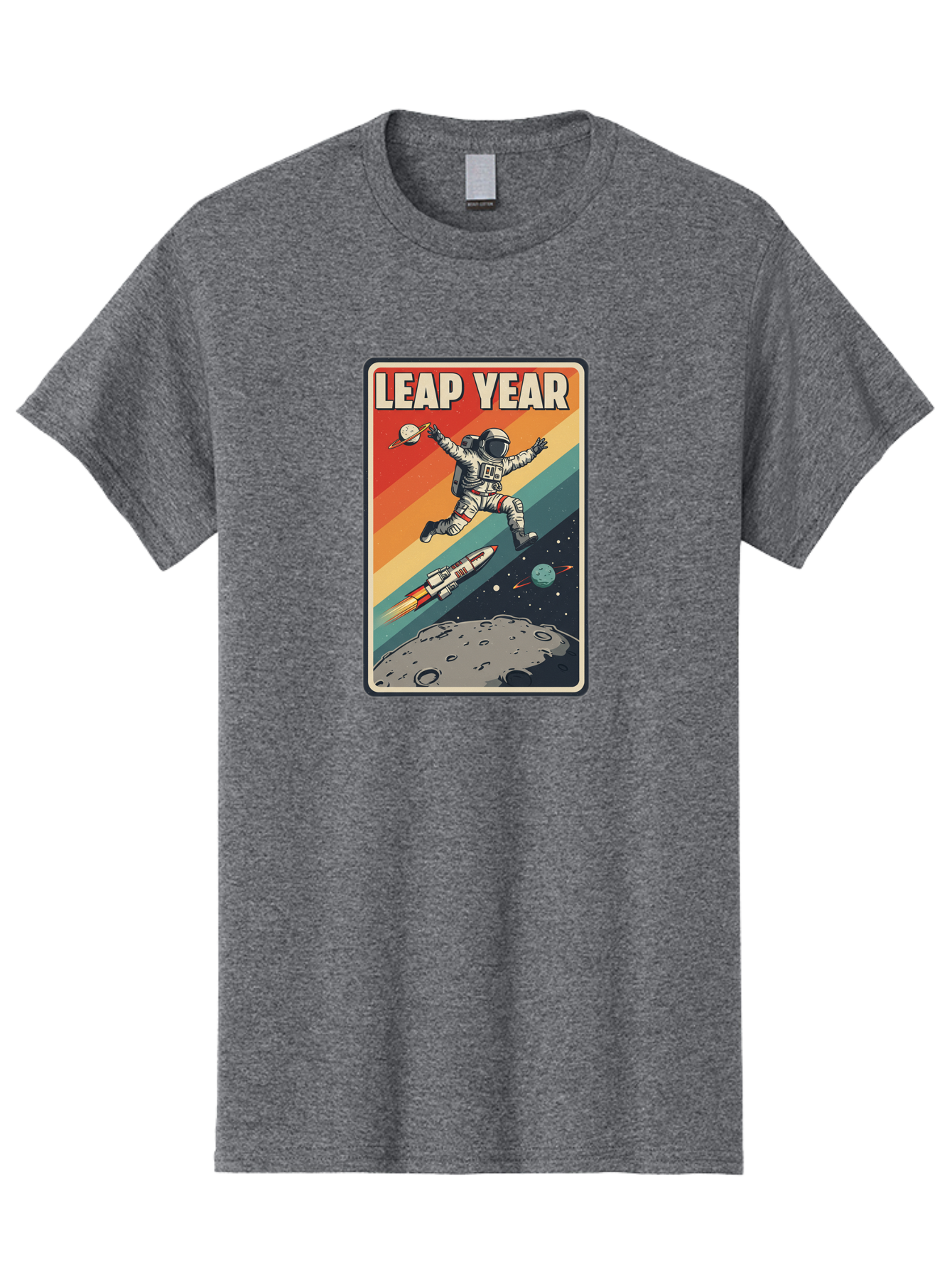 Leap-Year-5 Men'S Graphic Tee, 100% Cotton, Comfortable Casual Summer Wear, Machine Washable, Astronaut Jumping In Space, Retro-Style Poster, Space Exploration, Vintage Graphics, Astronaut In Mid-Air, Rocket Ship In The Background, Bac115