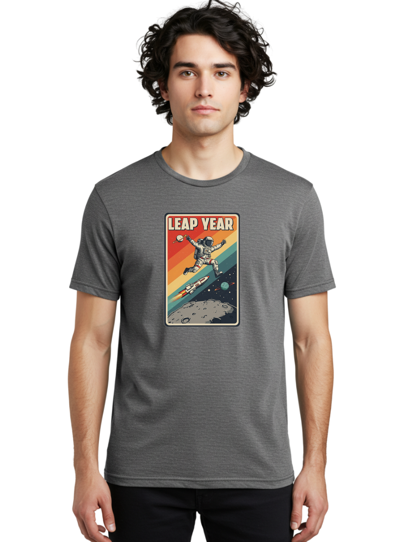 Leap-Year-5 Men'S Graphic Tee, 100% Cotton, Comfortable Casual Summer Wear, Machine Washable, Astronaut Jumping In Space, Retro-Style Poster, Space Exploration, Vintage Graphics, Astronaut In Mid-Air, Rocket Ship In The Background, Bac115