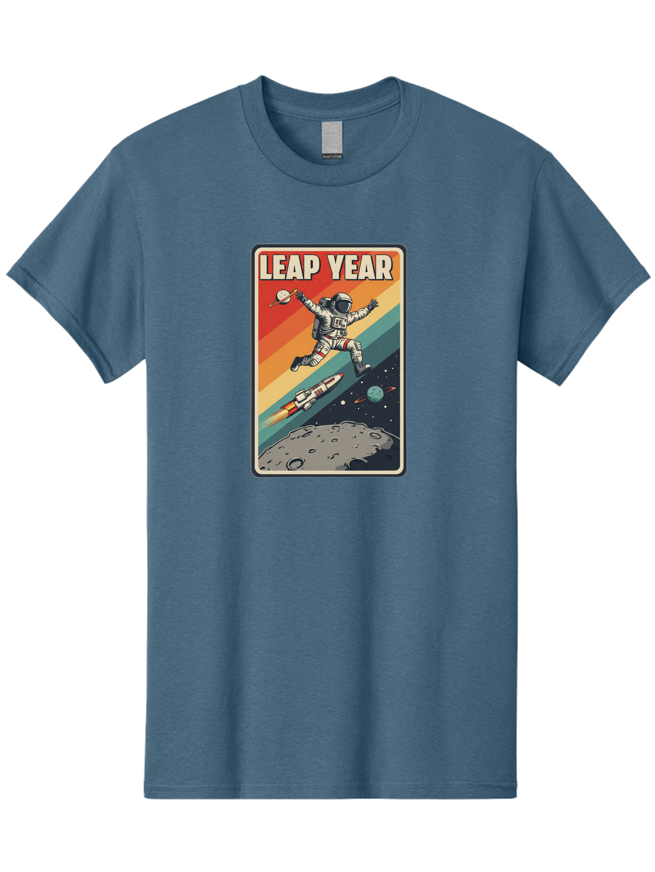 Leap-Year-5 Men'S Graphic Tee, 100% Cotton, Comfortable Casual Summer Wear, Machine Washable, Astronaut Jumping In Space, Retro-Style Poster, Space Exploration, Vintage Graphics, Astronaut In Mid-Air, Rocket Ship In The Background, Bac115