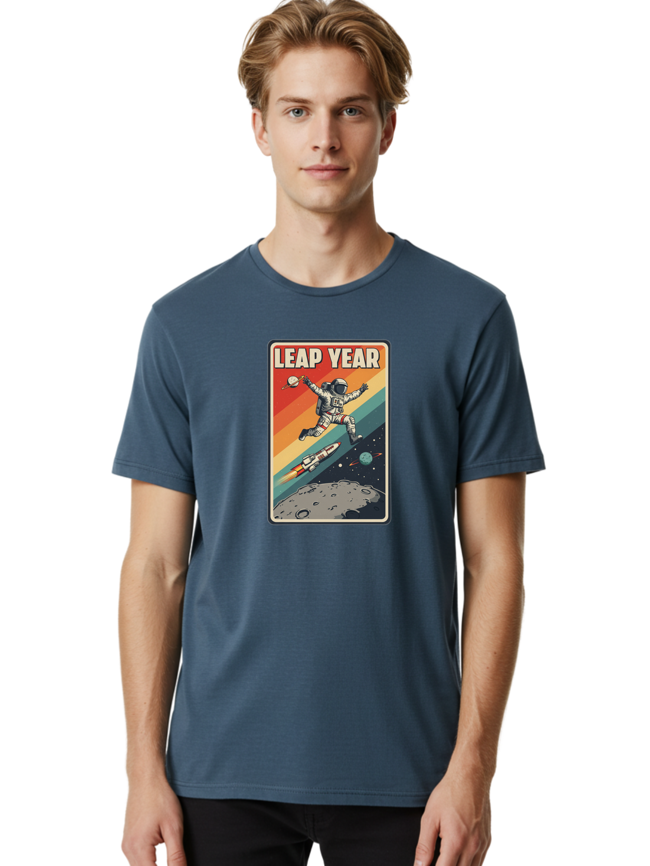 Leap-Year-5 Men'S Graphic Tee, 100% Cotton, Comfortable Casual Summer Wear, Machine Washable, Astronaut Jumping In Space, Retro-Style Poster, Space Exploration, Vintage Graphics, Astronaut In Mid-Air, Rocket Ship In The Background, Bac115