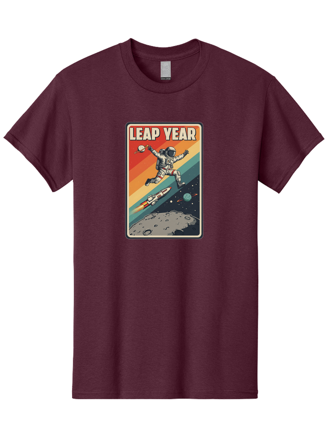 Leap-Year-5 Men'S Graphic Tee, 100% Cotton, Comfortable Casual Summer Wear, Machine Washable, Astronaut Jumping In Space, Retro-Style Poster, Space Exploration, Vintage Graphics, Astronaut In Mid-Air, Rocket Ship In The Background, Bac115